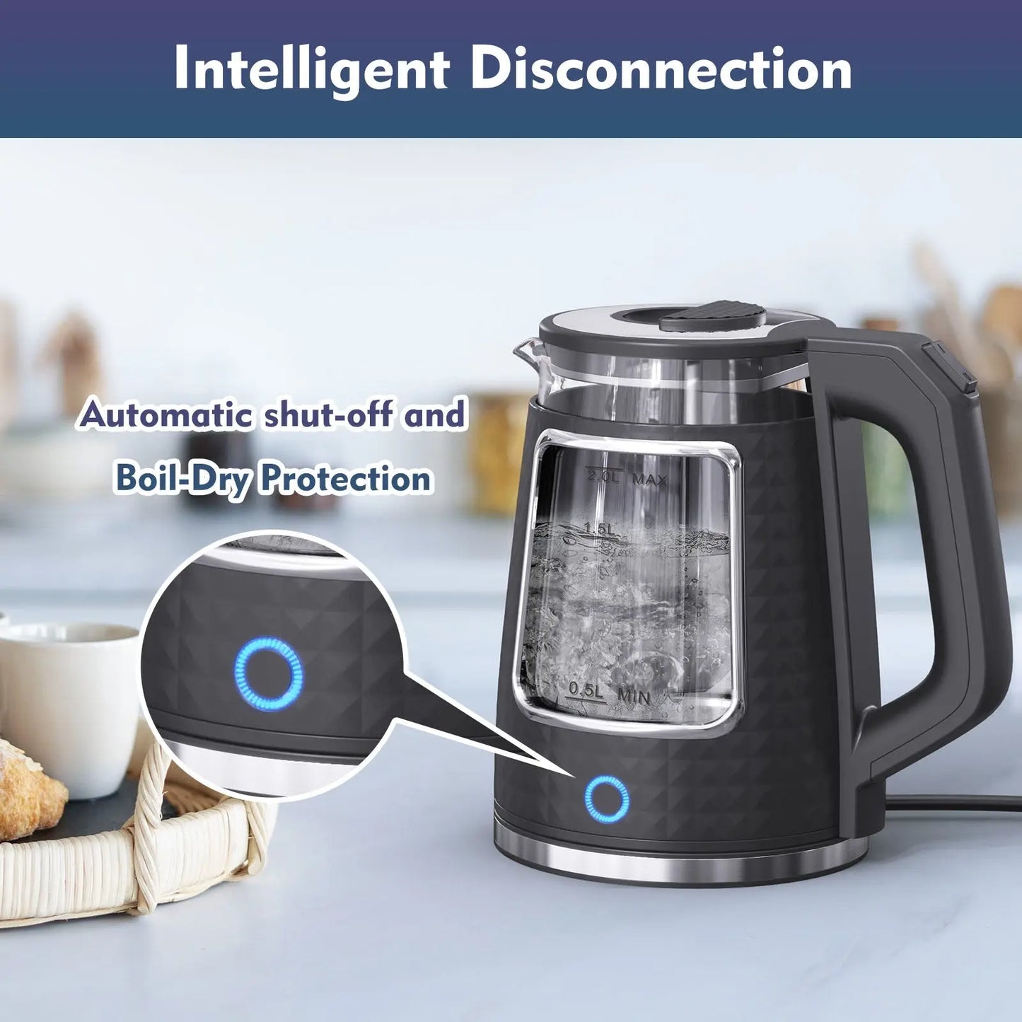 Electric Tea Kettle for Boiling Water, Food Grade Stainless Steel Base, 2.0L/1000W, Auto Shut-Off and Boil-Dry Protection, Wide Opening Doba