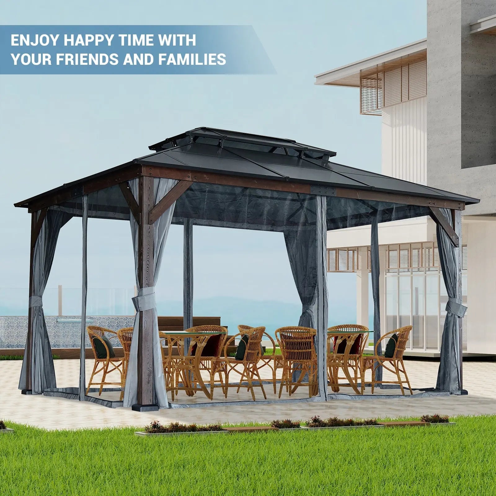 10x13FT Gazebos-Double Roof Sunshade (Wooden Legs)- kk outdoor Doba