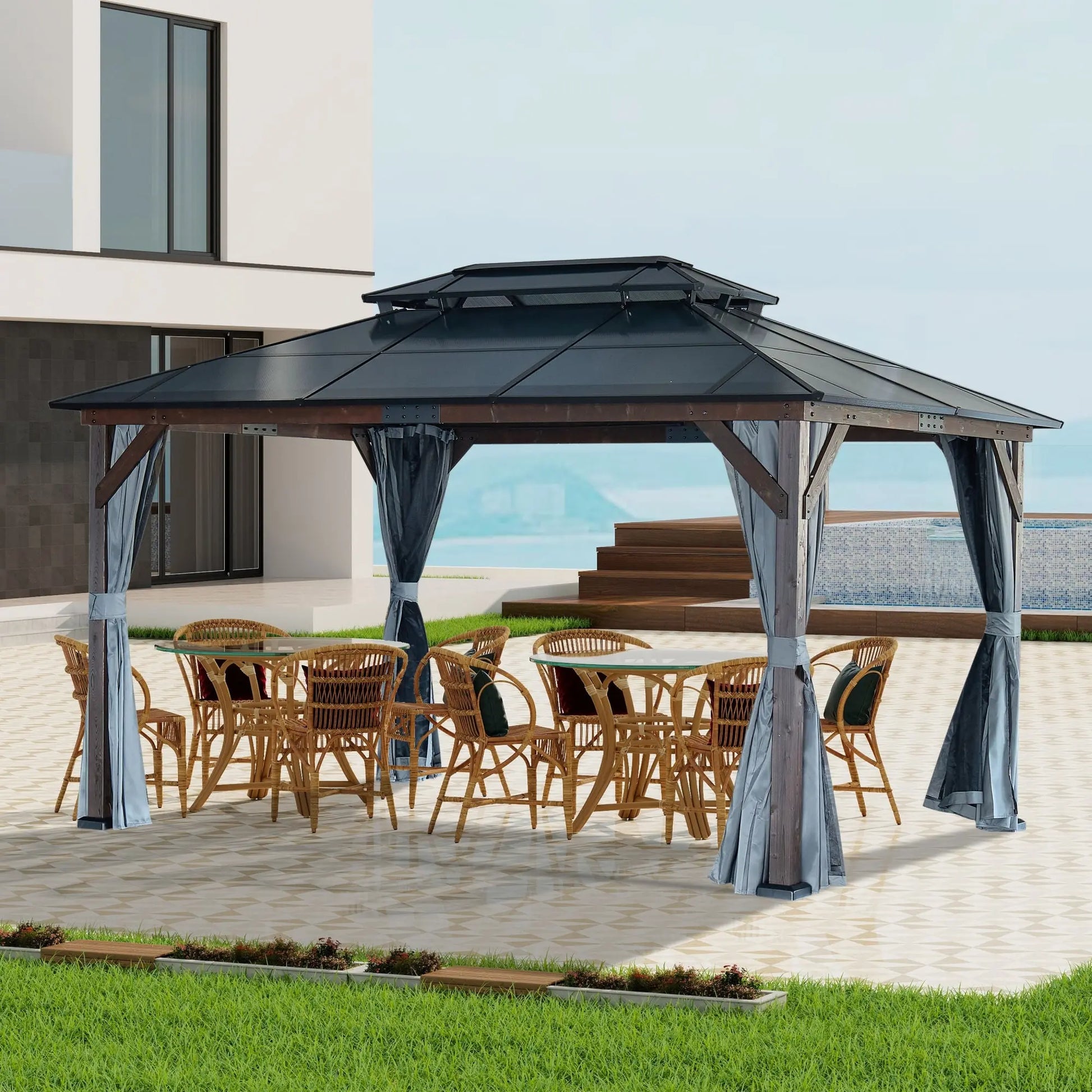 10x13FT Gazebos-Double Roof Sunshade (Wooden Legs)- kk outdoor Doba