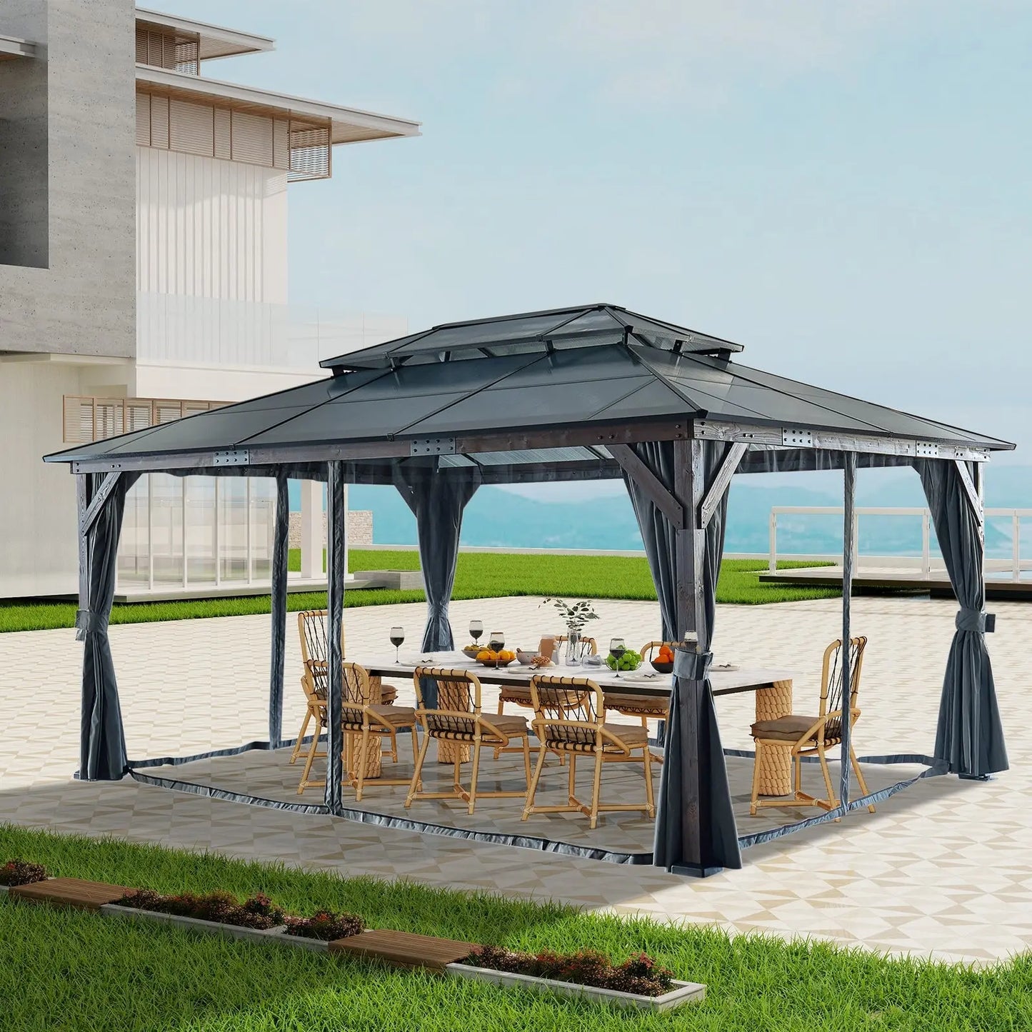 10x13FT Gazebos-Double Roof Sunshade (Wooden Legs)- kk outdoor Doba