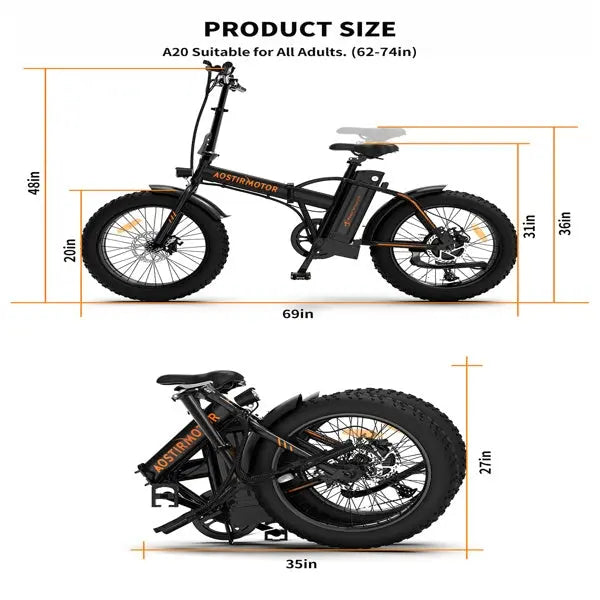 Adult, AOSTIRMOTOR 20" Electric Bicycle 500W Motor 20" Fat Tire With 36V/13Ah Li-Battery Doba