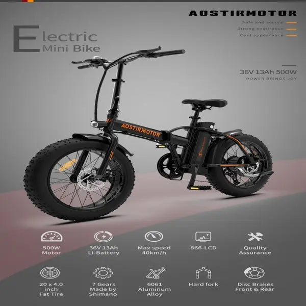 Adult, AOSTIRMOTOR 20" Electric Bicycle 500W Motor 20" Fat Tire With 36V/13Ah Li-Battery Doba