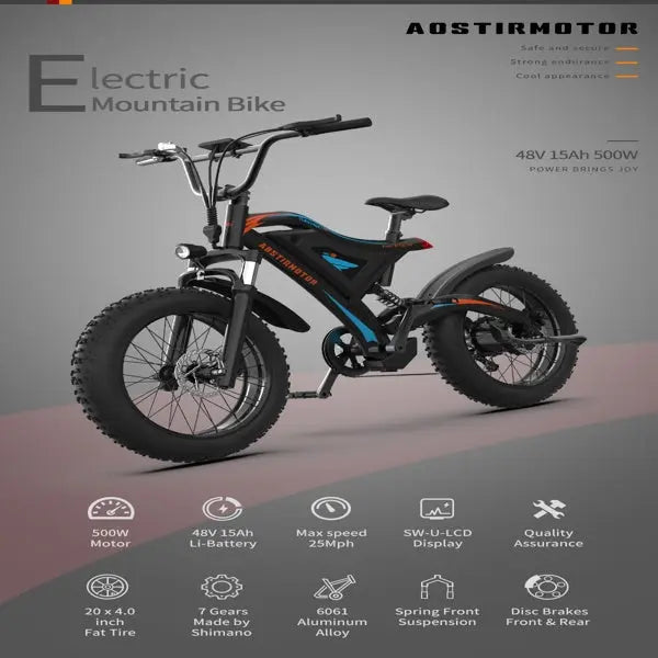 Adult, AOSTIRMOTOR 26" Bicycle 500W Motor 26" Fat Tire With 48V/15Ah Li-Battery S18-MINI New style Doba