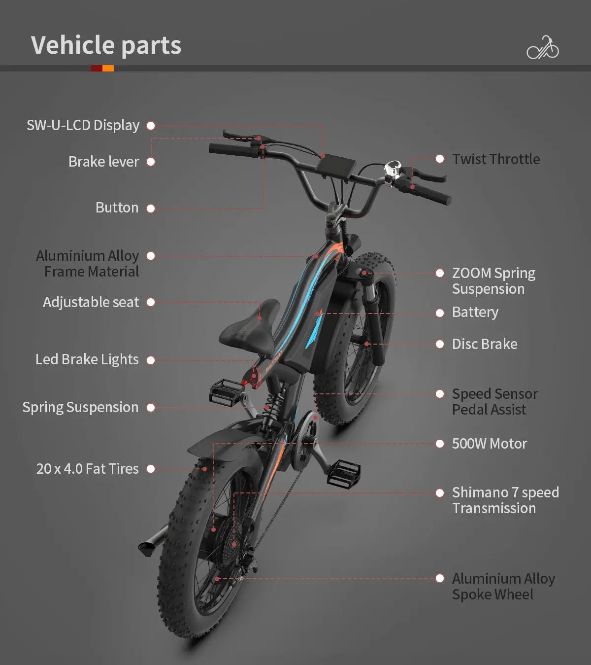 Adult, AOSTIRMOTOR 20"  Bicycle 500W Motor 20" Fat Tire With 48V/15Ah Li-Battery S18-MINI New style Doba