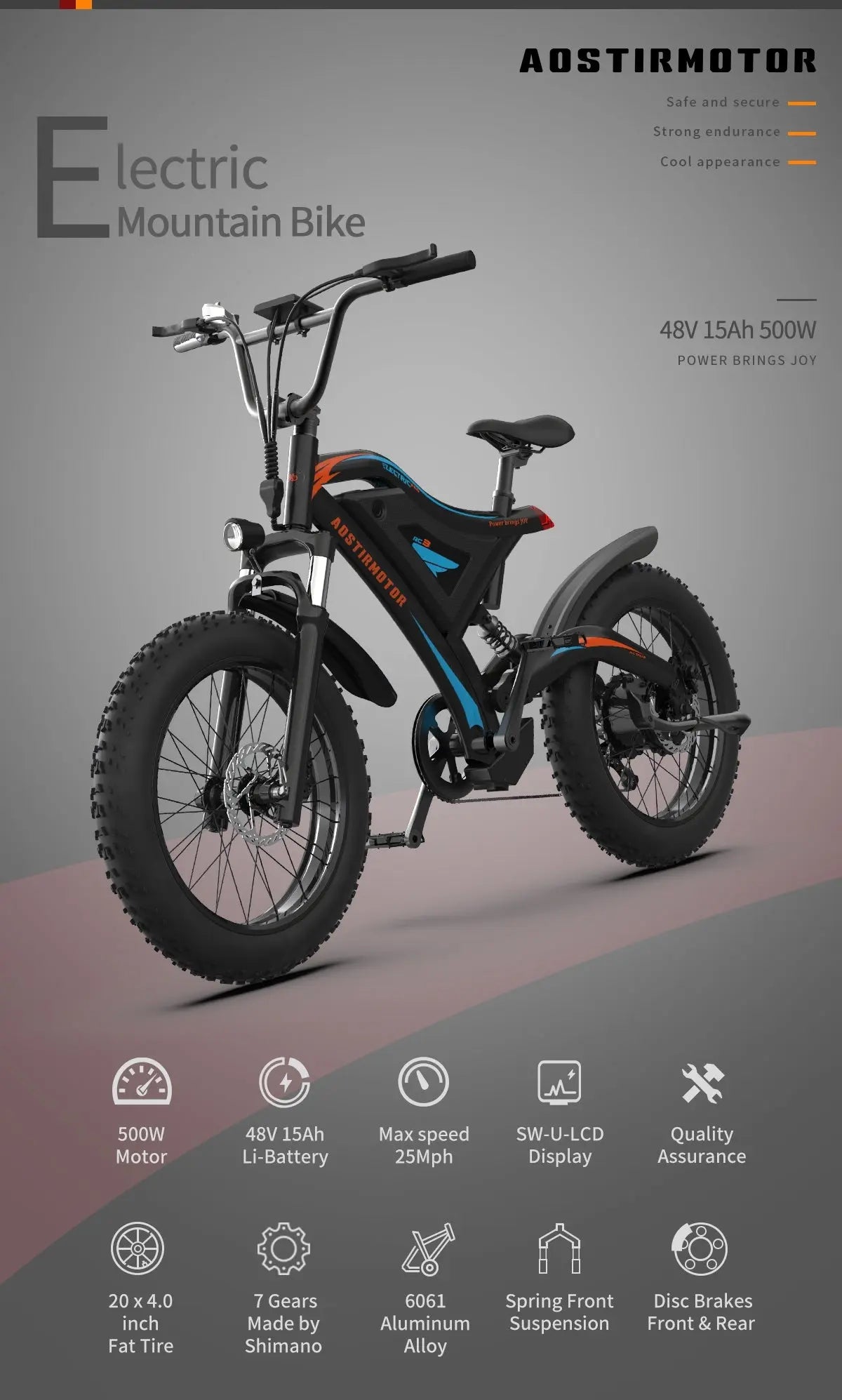 Adult, AOSTIRMOTOR 20"  Bicycle 500W Motor 20" Fat Tire With 48V/15Ah Li-Battery S18-MINI New style Doba