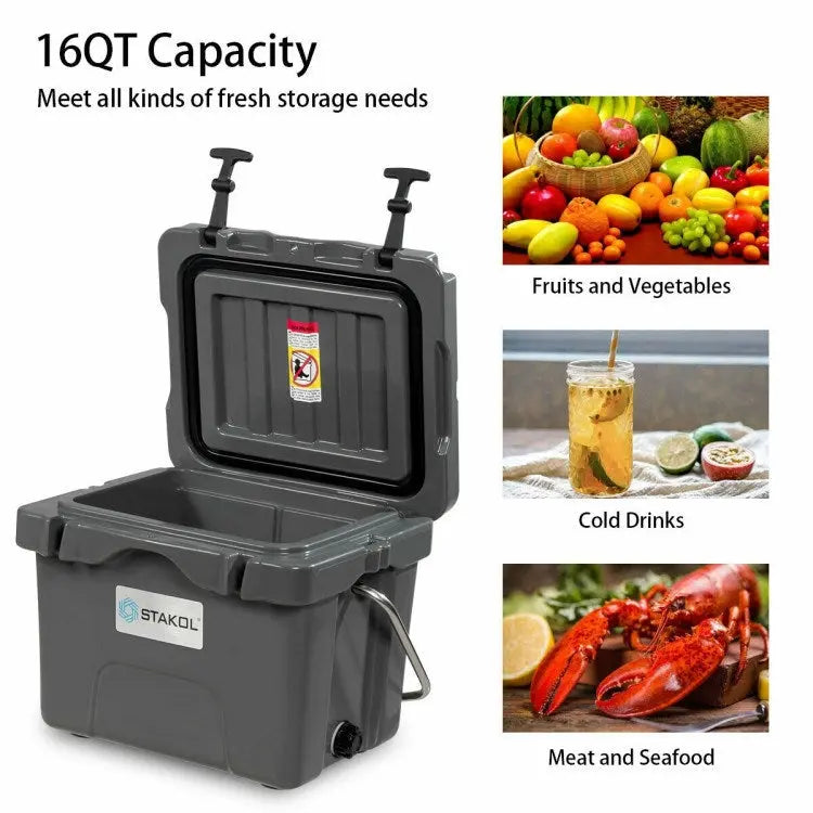 16 Quart 24-Can Capacity Portable Insulated Ice Cooler with 2 Cup Holders Doba