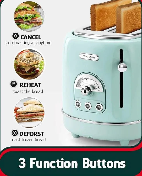 2 slice toaster SUS304 food grade 6 browning level stylish high lift bar 3 functions-thaw / reheat / cancel 1.5 inch super wide slot mint green Doba