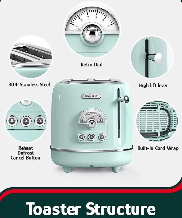 2 slice toaster SUS304 food grade 6 browning level stylish high lift bar 3 functions-thaw / reheat / cancel 1.5 inch super wide slot mint green Doba