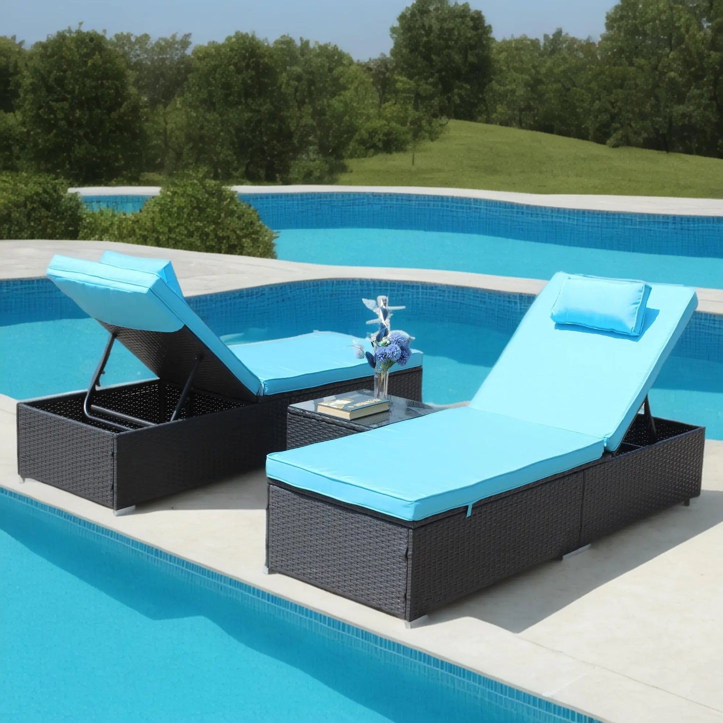 3-Piece Outdoor Patio Furniture Set Chaise Lounge, Patio Reclining Rattan Lounge Chair Chaise Couch Cushioned with Glass Coffee Table, Adjustable Back and Feet, Lounger Chair for Pool Garden, Blue Doba