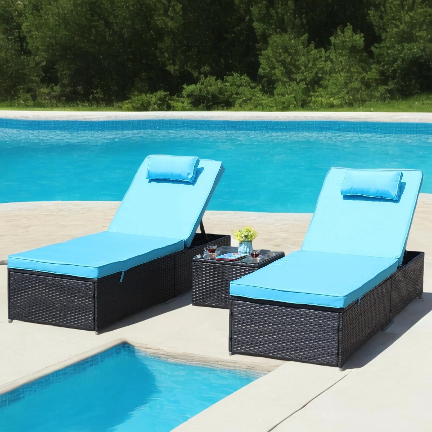 3-Piece Outdoor Patio Furniture Set Chaise Lounge, Patio Reclining Rattan Lounge Chair Chaise Couch Cushioned with Glass Coffee Table, Adjustable Back and Feet, Lounger Chair for Pool Garden, Blue Doba