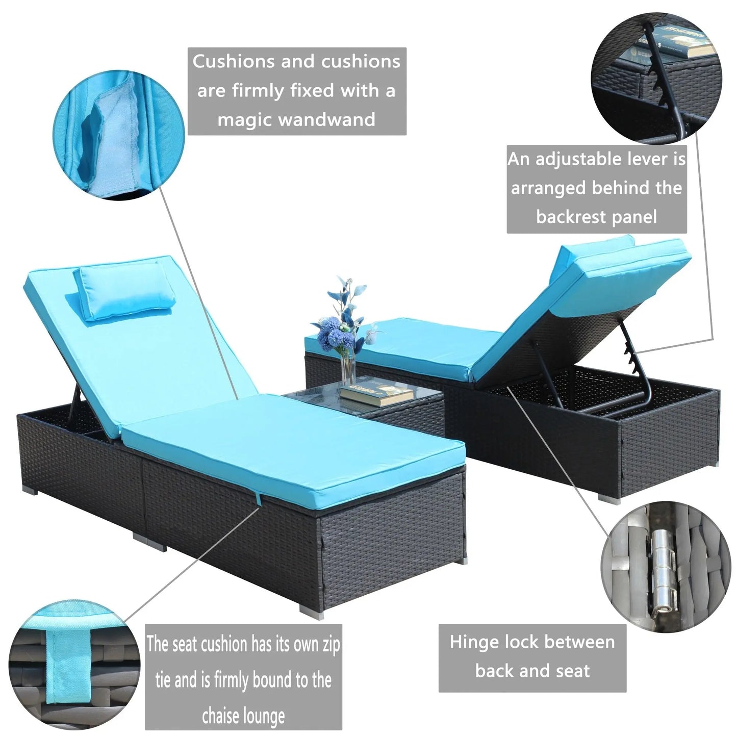 3-Piece Outdoor Patio Furniture Set Chaise Lounge, Patio Reclining Rattan Lounge Chair Chaise Couch Cushioned with Glass Coffee Table, Adjustable Back and Feet, Lounger Chair for Pool Garden, Blue Doba