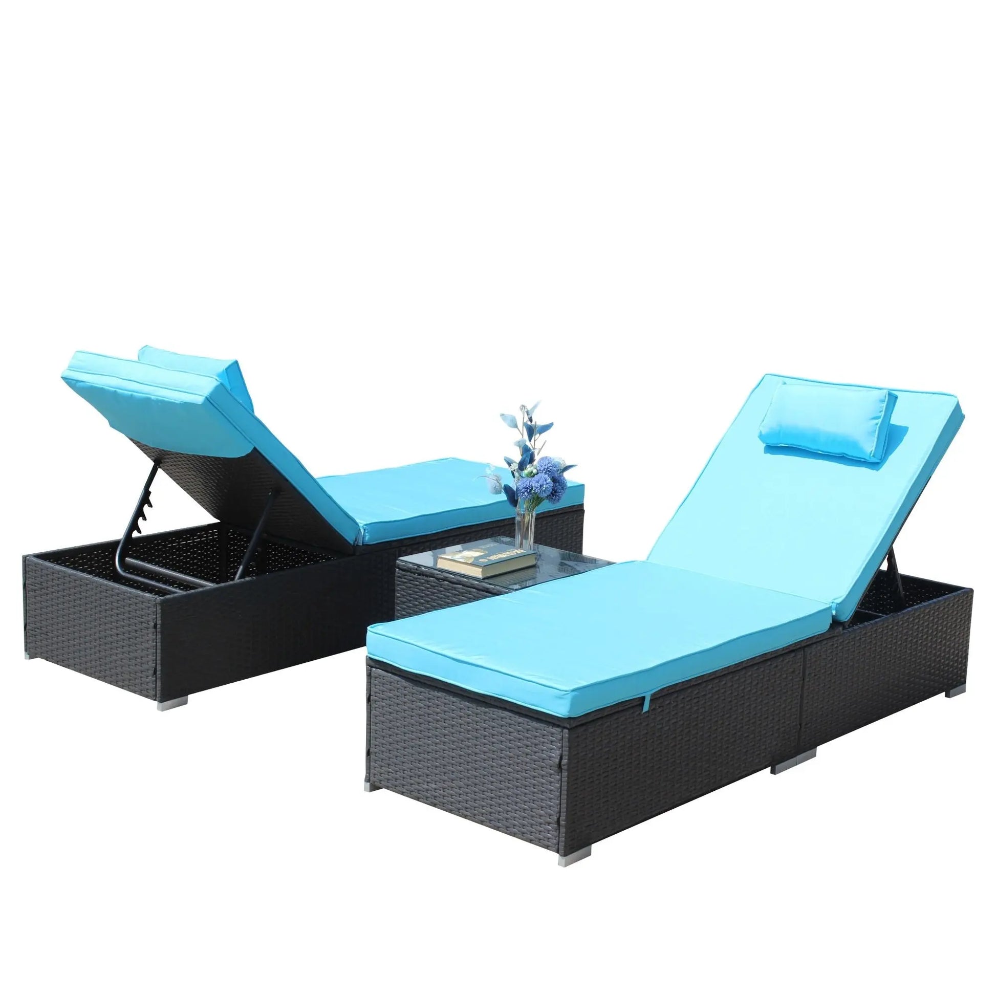 3-Piece Outdoor Patio Furniture Set Chaise Lounge, Patio Reclining Rattan Lounge Chair Chaise Couch Cushioned with Glass Coffee Table, Adjustable Back and Feet, Lounger Chair for Pool Garden, Blue Doba