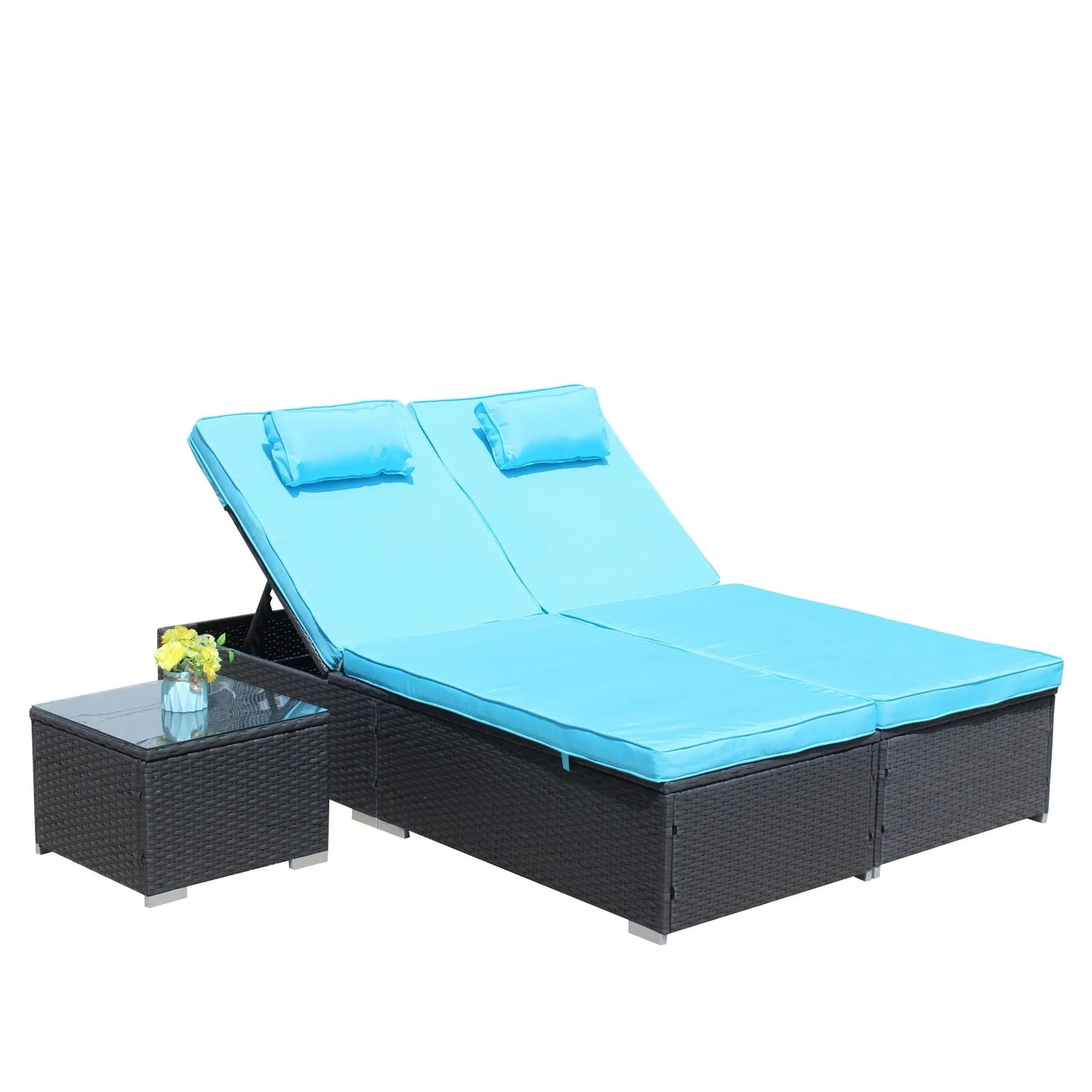 3-Piece Outdoor Patio Furniture Set Chaise Lounge, Patio Reclining Rattan Lounge Chair Chaise Couch Cushioned with Glass Coffee Table, Adjustable Back and Feet, Lounger Chair for Pool Garden, Blue Doba