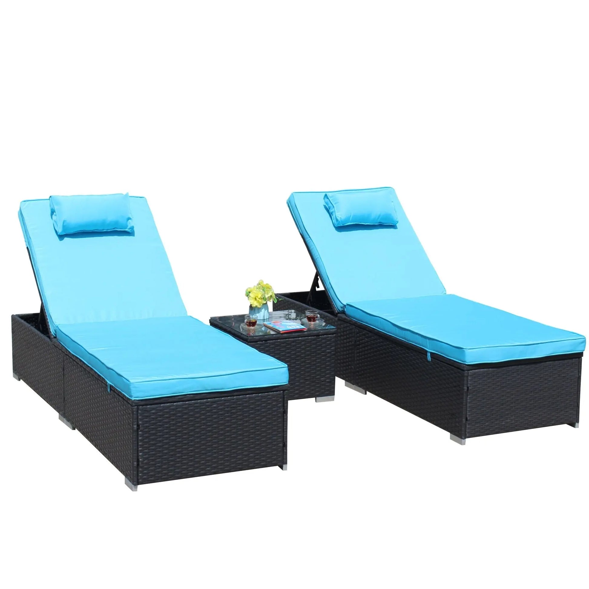 3-Piece Outdoor Patio Furniture Set Chaise Lounge, Patio Reclining Rattan Lounge Chair Chaise Couch Cushioned with Glass Coffee Table, Adjustable Back and Feet, Lounger Chair for Pool Garden, Blue Doba