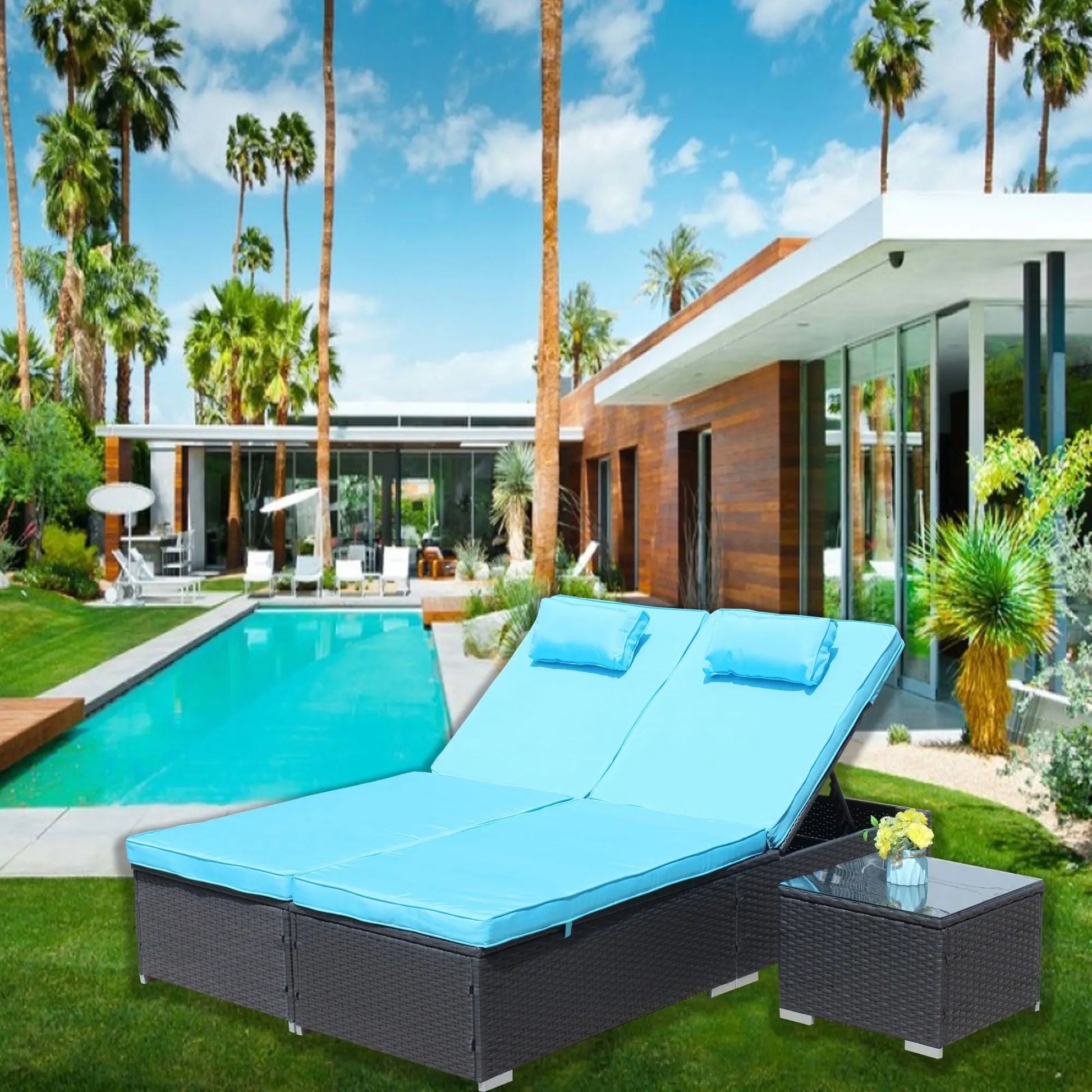 3-Piece Outdoor Patio Furniture Set Chaise Lounge, Patio Reclining Rattan Lounge Chair Chaise Couch Cushioned with Glass Coffee Table, Adjustable Back and Feet, Lounger Chair for Pool Garden, Blue Doba