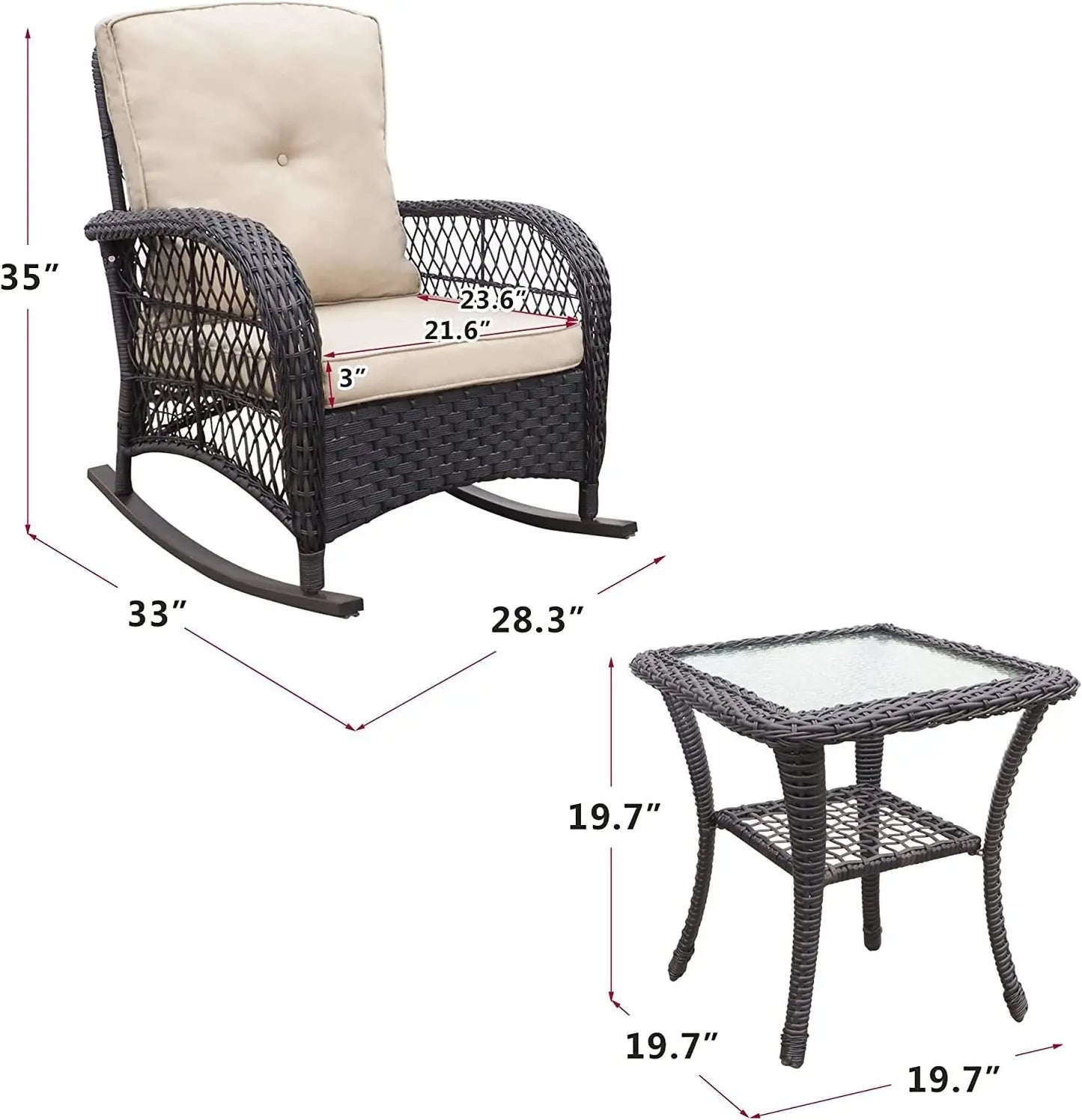 3 Pieces Outdoor Wicker Rocker Patio Bistro Set;  Rocking Glider Chairs with Premium Cushions and Armored Glass Top Side Table;  Elegant Wicker Patio Bistro Conversation Sets for Backyard Doba