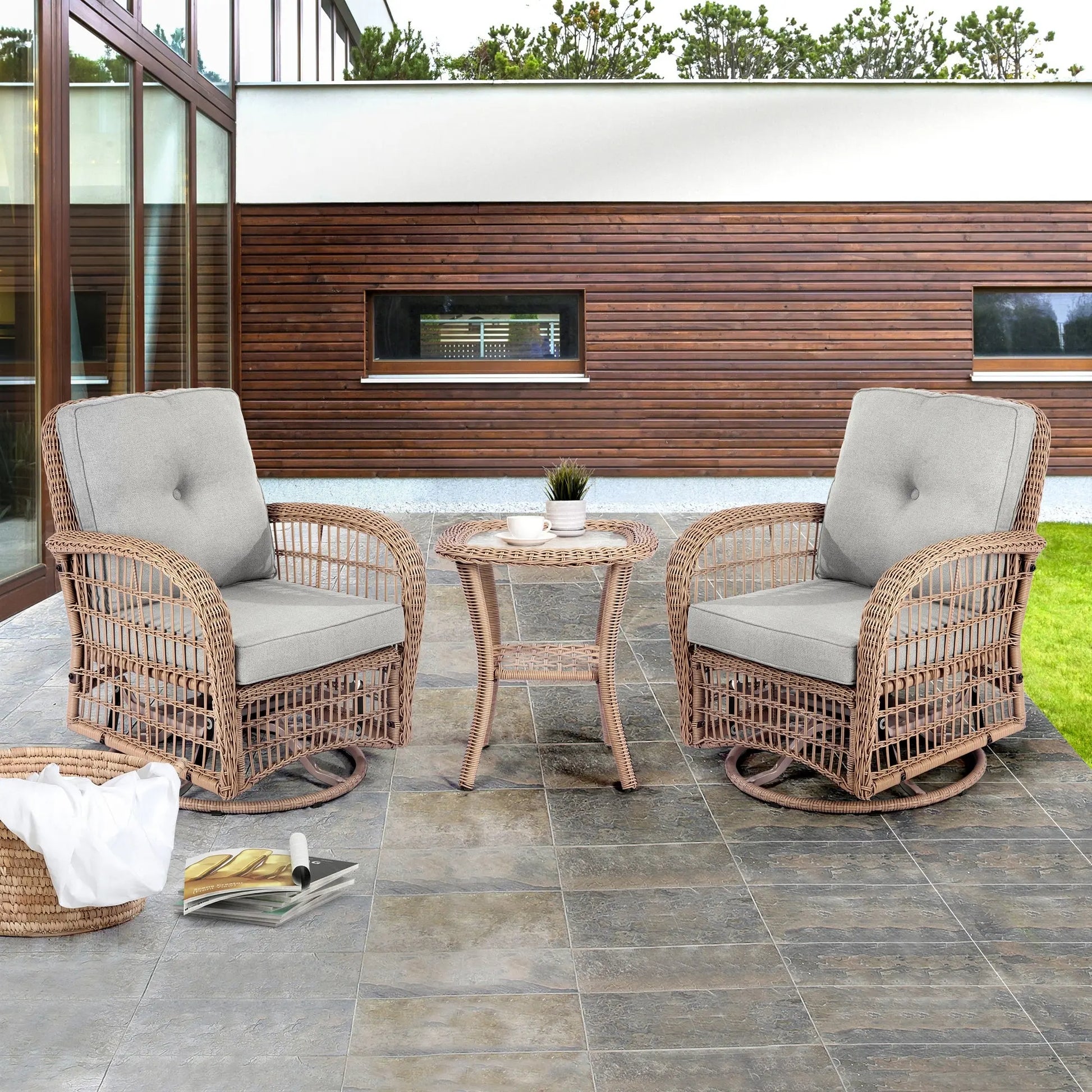 3 Pieces Outdoor Wicker Swive Rocking Chair Set, Patio Bistro Sets with 2 Rattan Rocker Chairs and Glass Coffee Table for Backyard Doba