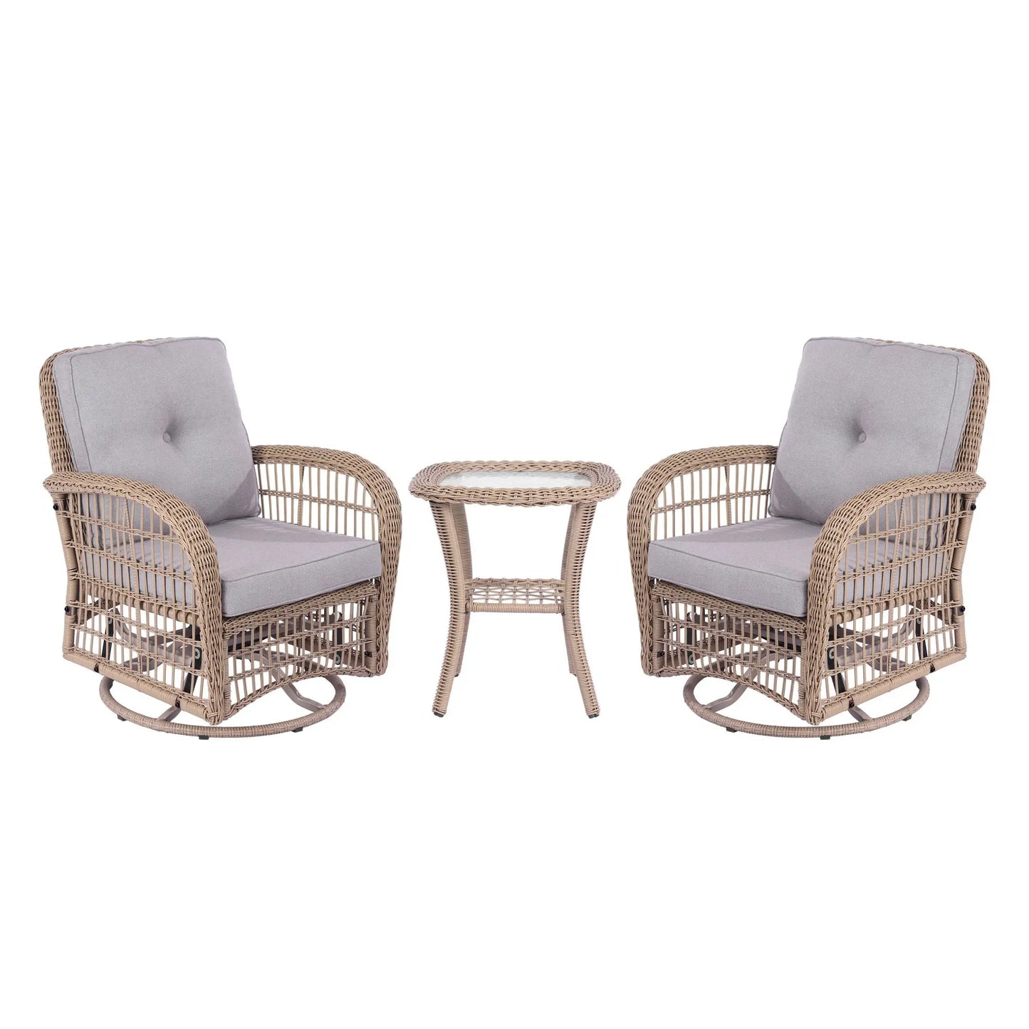 3 Pieces Outdoor Wicker Swive Rocking Chair Set, Patio Bistro Sets with 2 Rattan Rocker Chairs and Glass Coffee Table for Backyard Doba