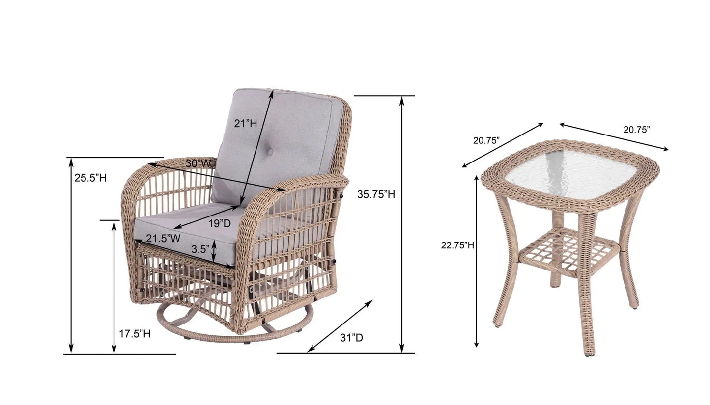 3 Pieces Outdoor Wicker Swive Rocking Chair Set, Patio Bistro Sets with 2 Rattan Rocker Chairs and Glass Coffee Table for Backyard Doba