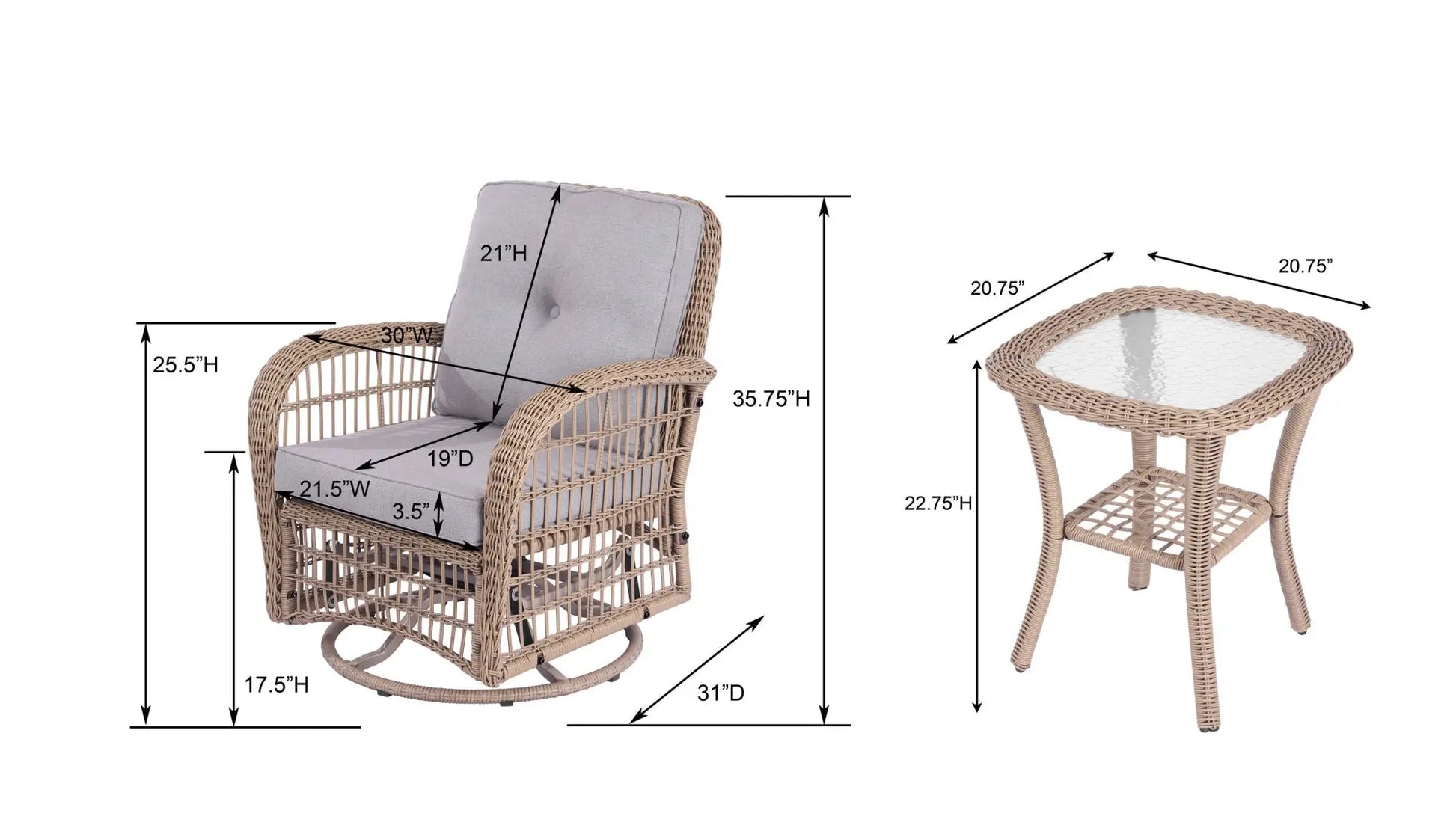 3 Pieces Outdoor Wicker Swive Rocking Chair Set, Patio Bistro Sets with 2 Rattan Rocker Chairs and Glass Coffee Table for Backyard Doba