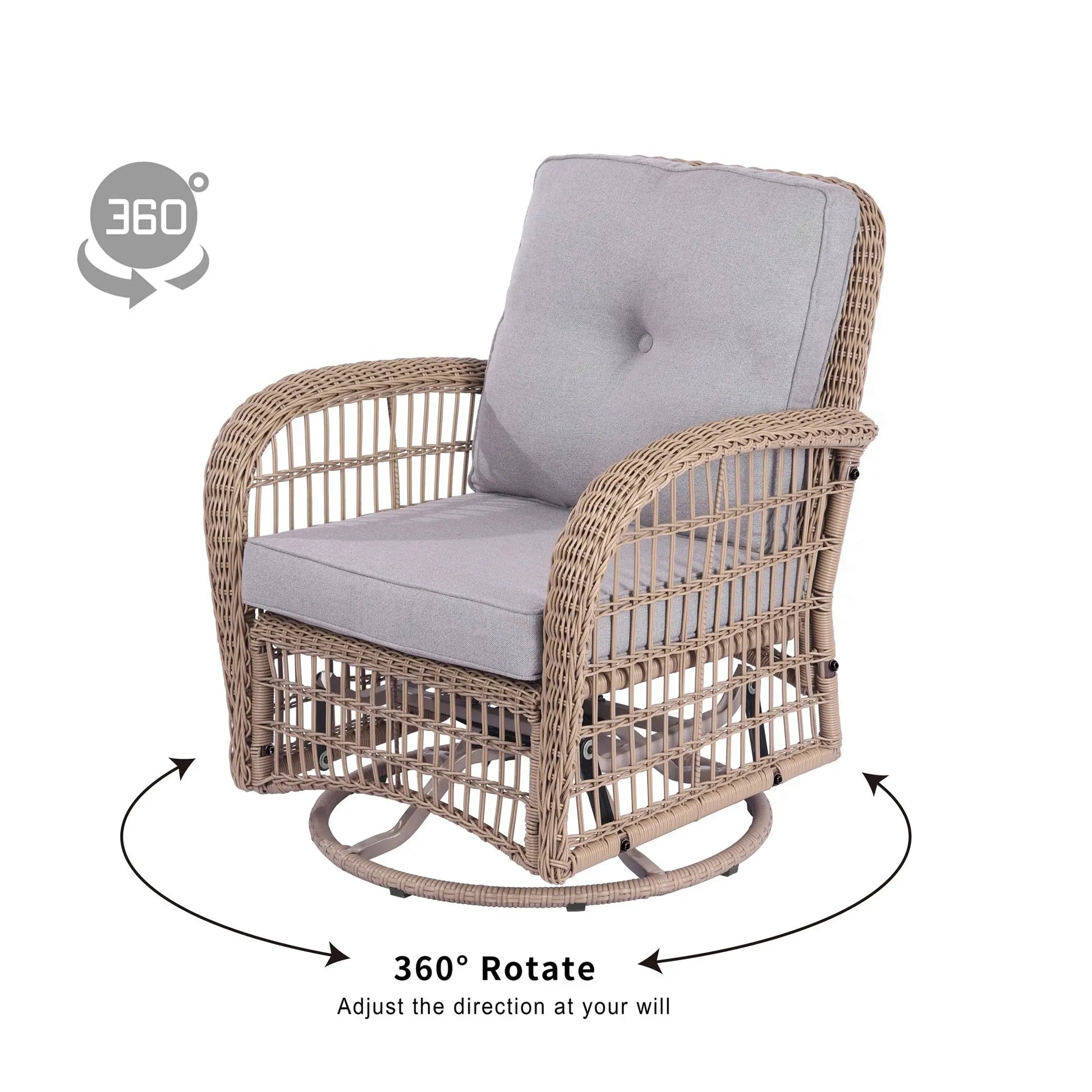 3 Pieces Outdoor Wicker Swive Rocking Chair Set, Patio Bistro Sets with 2 Rattan Rocker Chairs and Glass Coffee Table for Backyard Doba