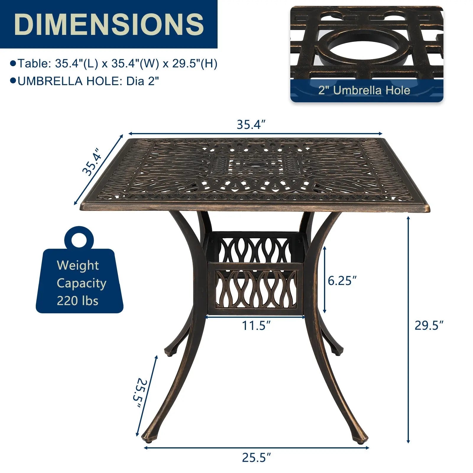 36L x 36W x 29H inch Square Courtyard Cast Aluminum Table Bronze, Picnic Table, Garden Table Doba