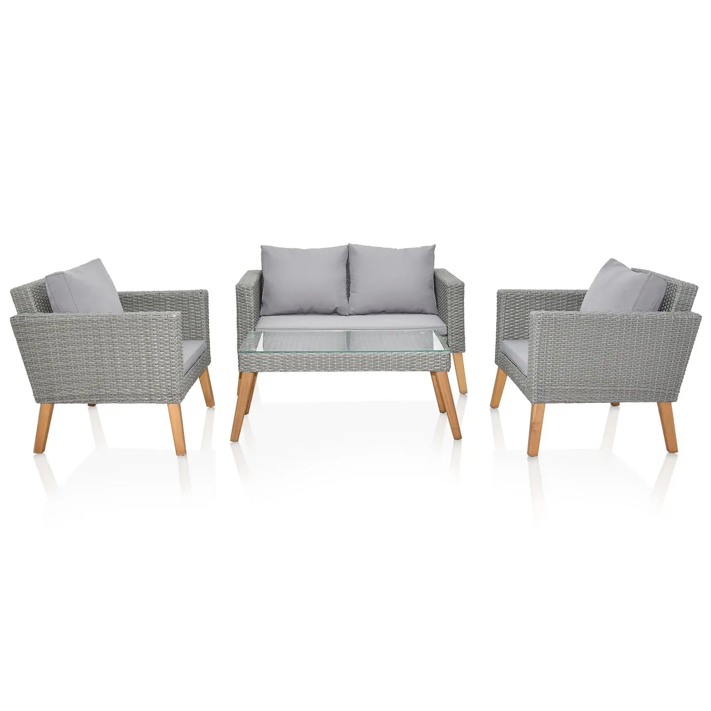 4 Piece Outdoor Patio Furniture Set, Resin Rattan and Acacia Wood Chairs Conversation Furniture Set for Backyard Balcony Deck with Soft Cushions and Table, Grey Doba