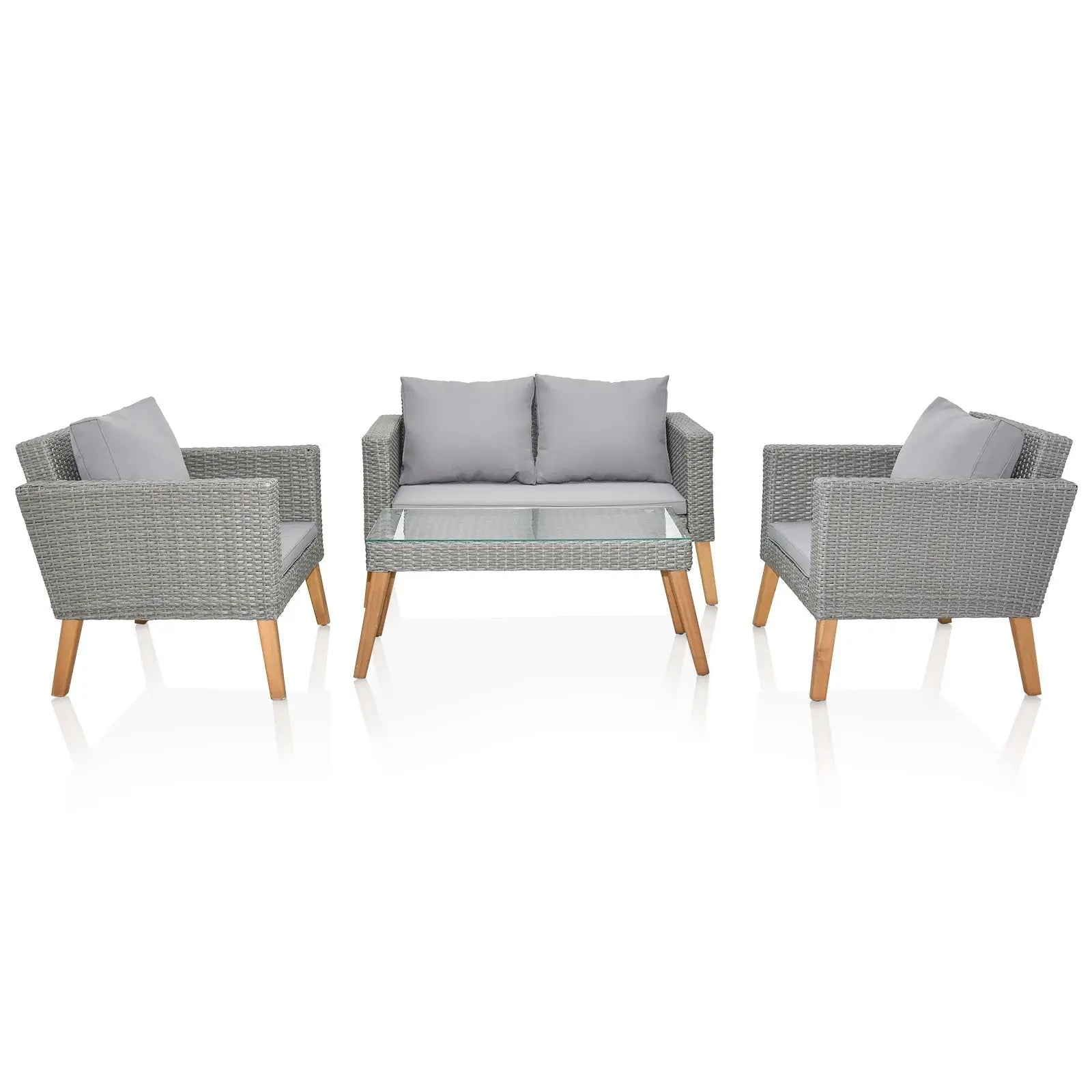 4 Piece Outdoor Patio Furniture Set, Resin Rattan and Acacia Wood Chairs Conversation Furniture Set for Backyard Balcony Deck with Soft Cushions and Table, Grey Doba