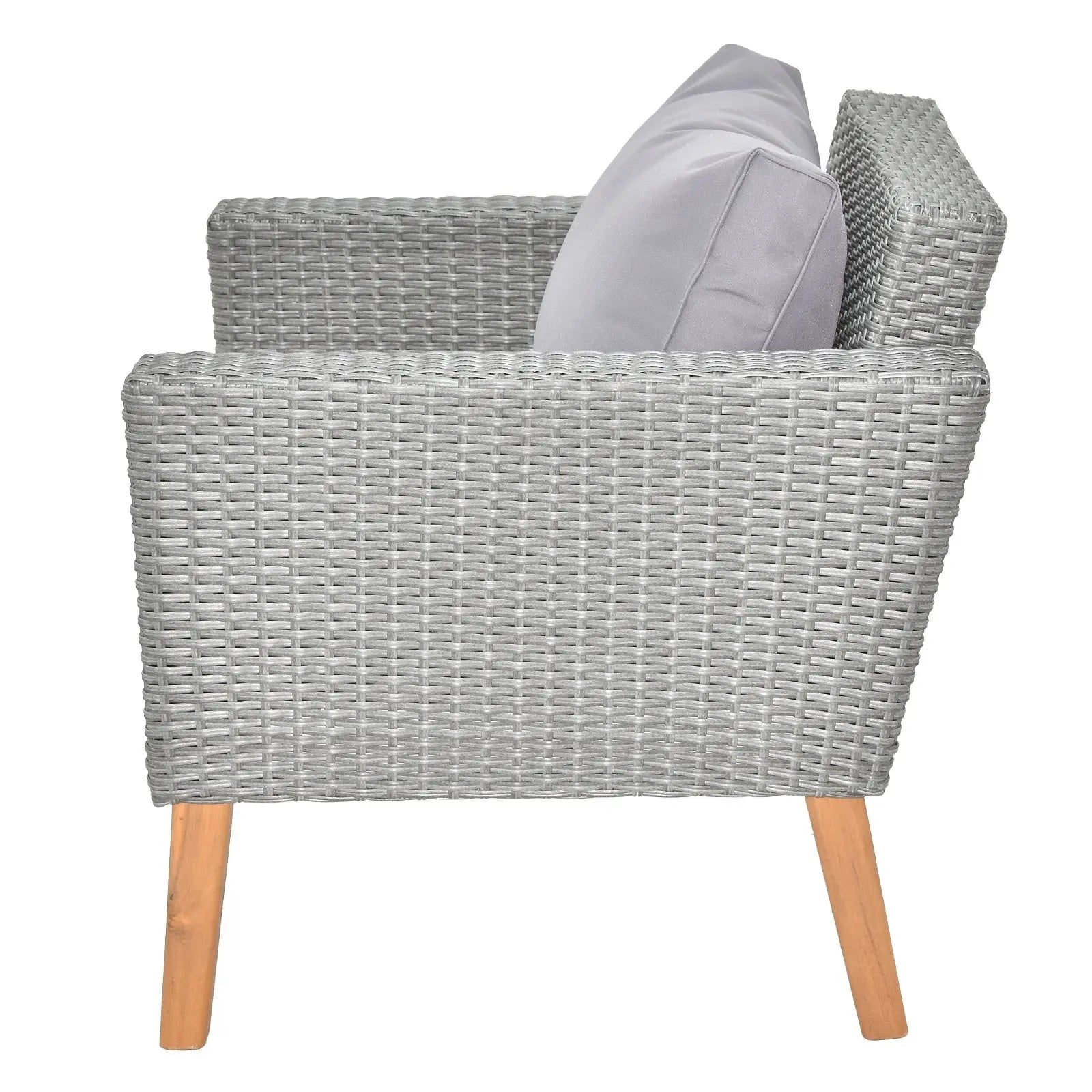 4 Piece Outdoor Patio Furniture Set, Resin Rattan and Acacia Wood Chairs Conversation Furniture Set for Backyard Balcony Deck with Soft Cushions and Table, Grey Doba