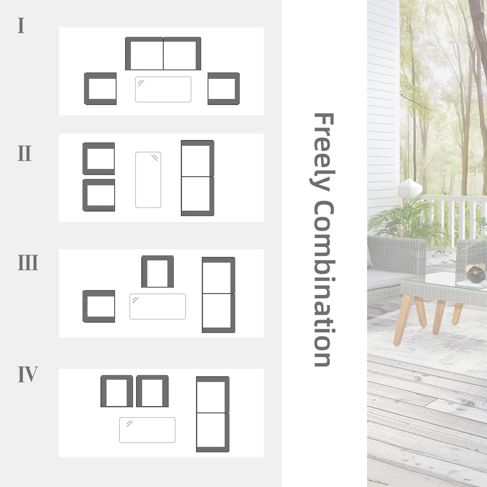 4 Piece Outdoor Patio Furniture Set, Resin Rattan and Acacia Wood Chairs Conversation Furniture Set for Backyard Balcony Deck with Soft Cushions and Table, Grey Doba