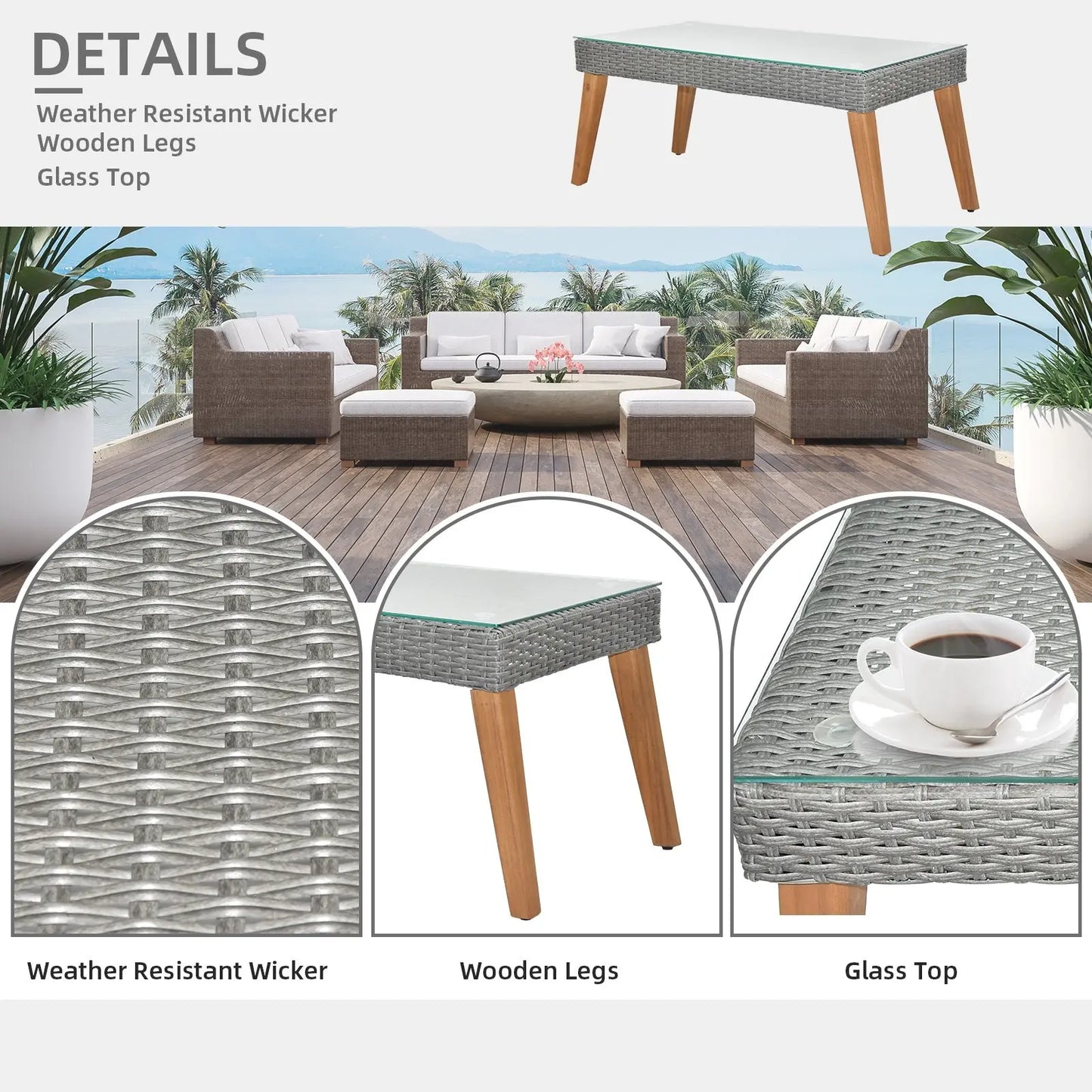 4 Piece Outdoor Patio Furniture Set, Resin Rattan and Acacia Wood Chairs Conversation Furniture Set for Backyard Balcony Deck with Soft Cushions and Table, Grey Doba