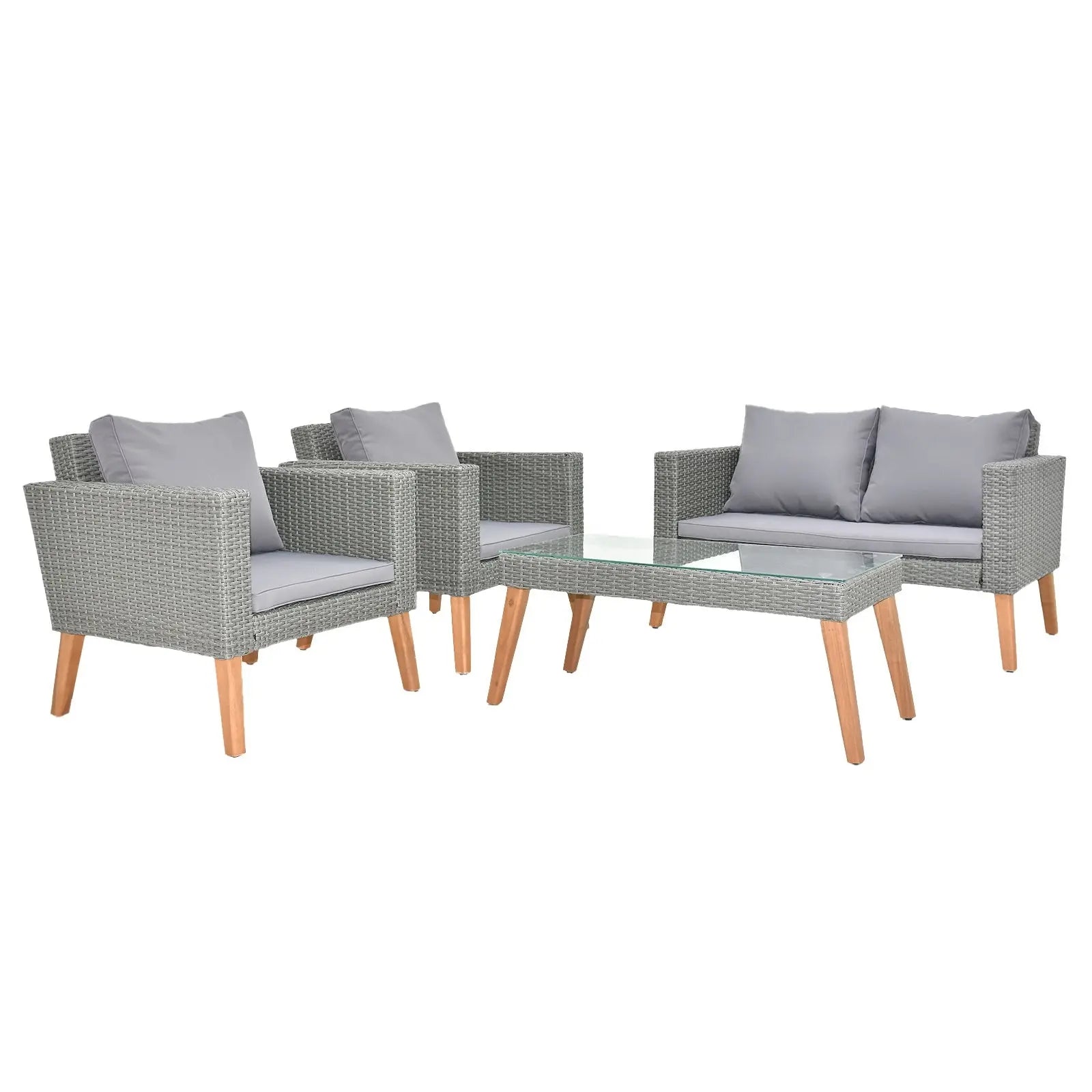 4 Piece Outdoor Patio Furniture Set, Resin Rattan and Acacia Wood Chairs Conversation Furniture Set for Backyard Balcony Deck with Soft Cushions and Table, Grey Doba