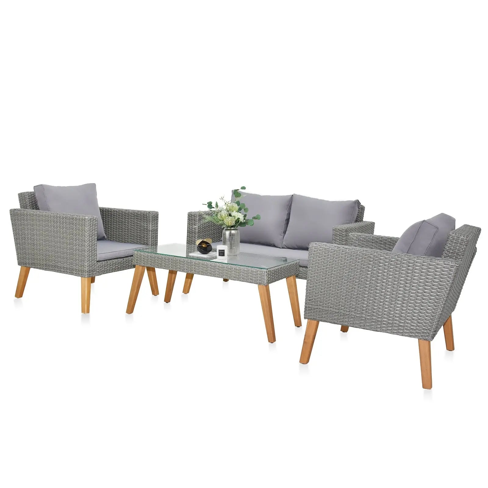 4 Piece Outdoor Patio Furniture Set, Resin Rattan and Acacia Wood Chairs Conversation Furniture Set for Backyard Balcony Deck with Soft Cushions and Table, Grey Doba