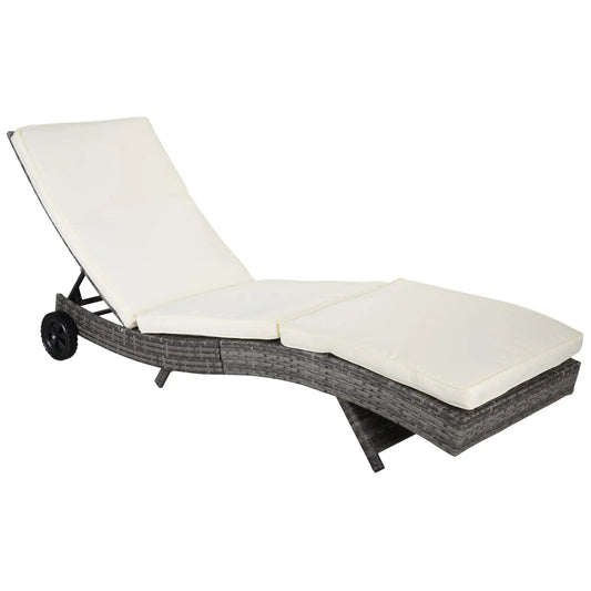 Outsunny Wicker Chaise Lounge Pool Chair, Outdoor PE Rattan Cushioned Patio Sun Lounger w/ 5-Level Adjustable Backrest & Wheels for Easy Movement, Cream White Doba