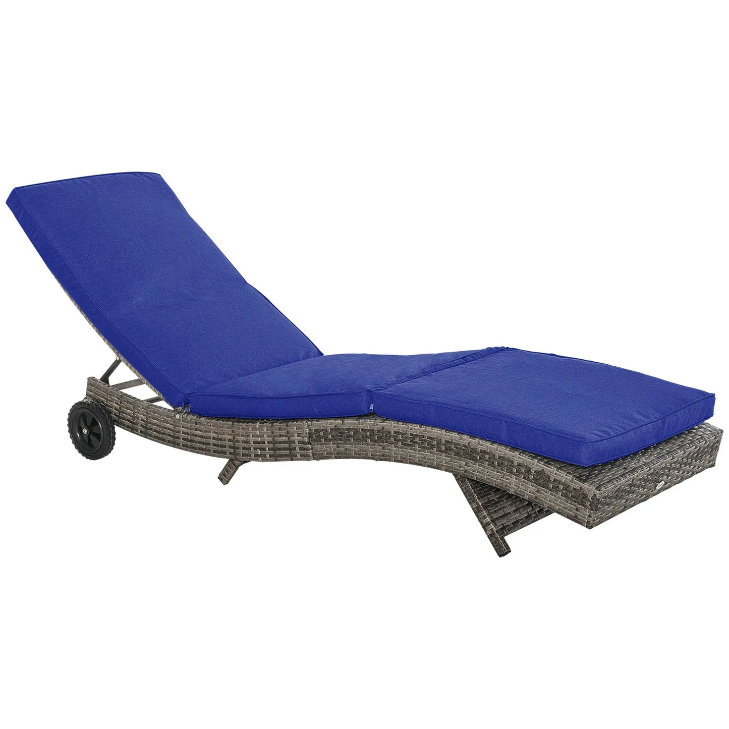 Outsunny Chaise Lounge Pool Chair, Outdoor PE Rattan Cushioned Patio Sun Lounger w/ 5-Level Adjustable Backrest & Wheels for Easy Movement, Wicker, Dark Blue Doba