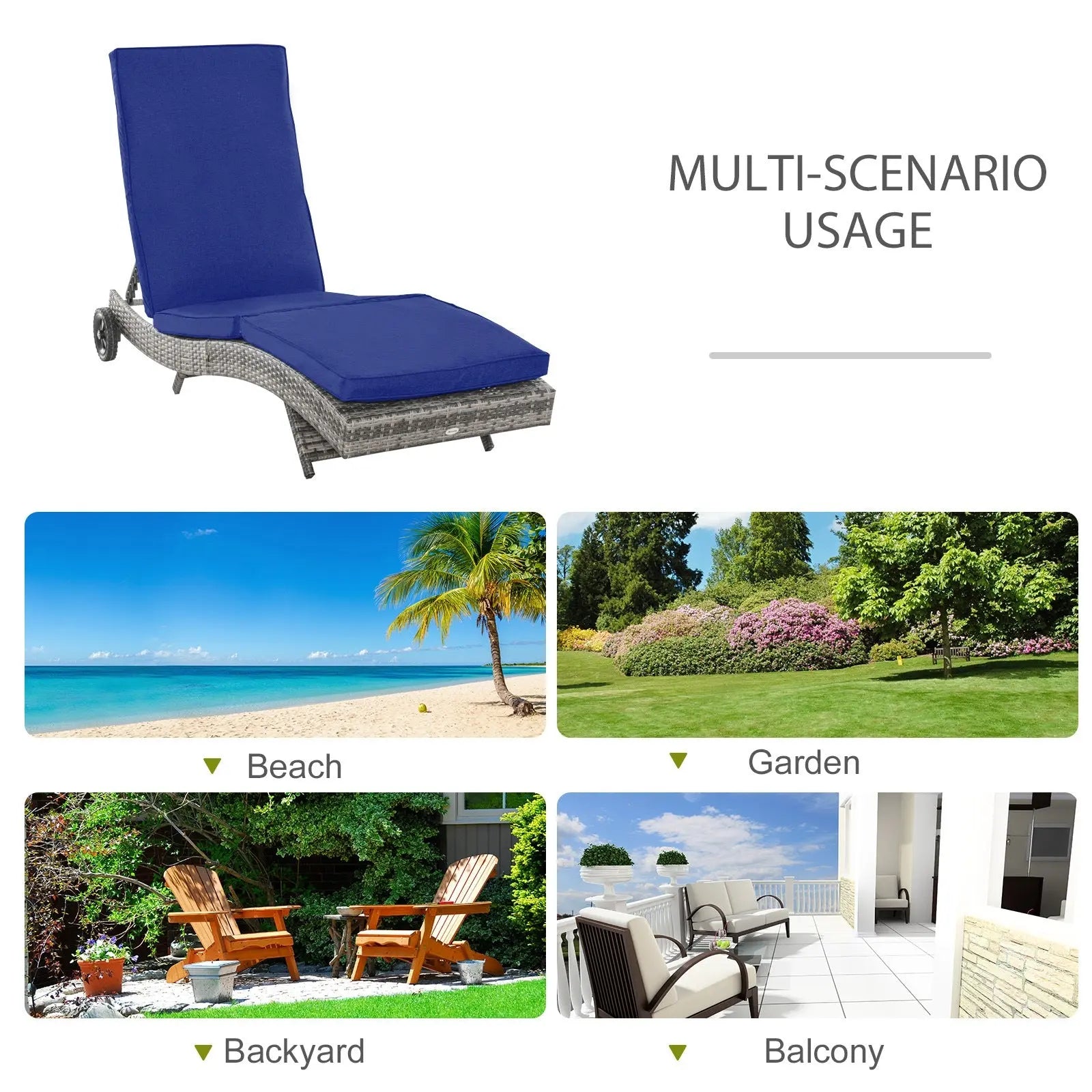 Outsunny Chaise Lounge Pool Chair, Outdoor PE Rattan Cushioned Patio Sun Lounger w/ 5-Level Adjustable Backrest & Wheels for Easy Movement, Wicker, Dark Blue Doba