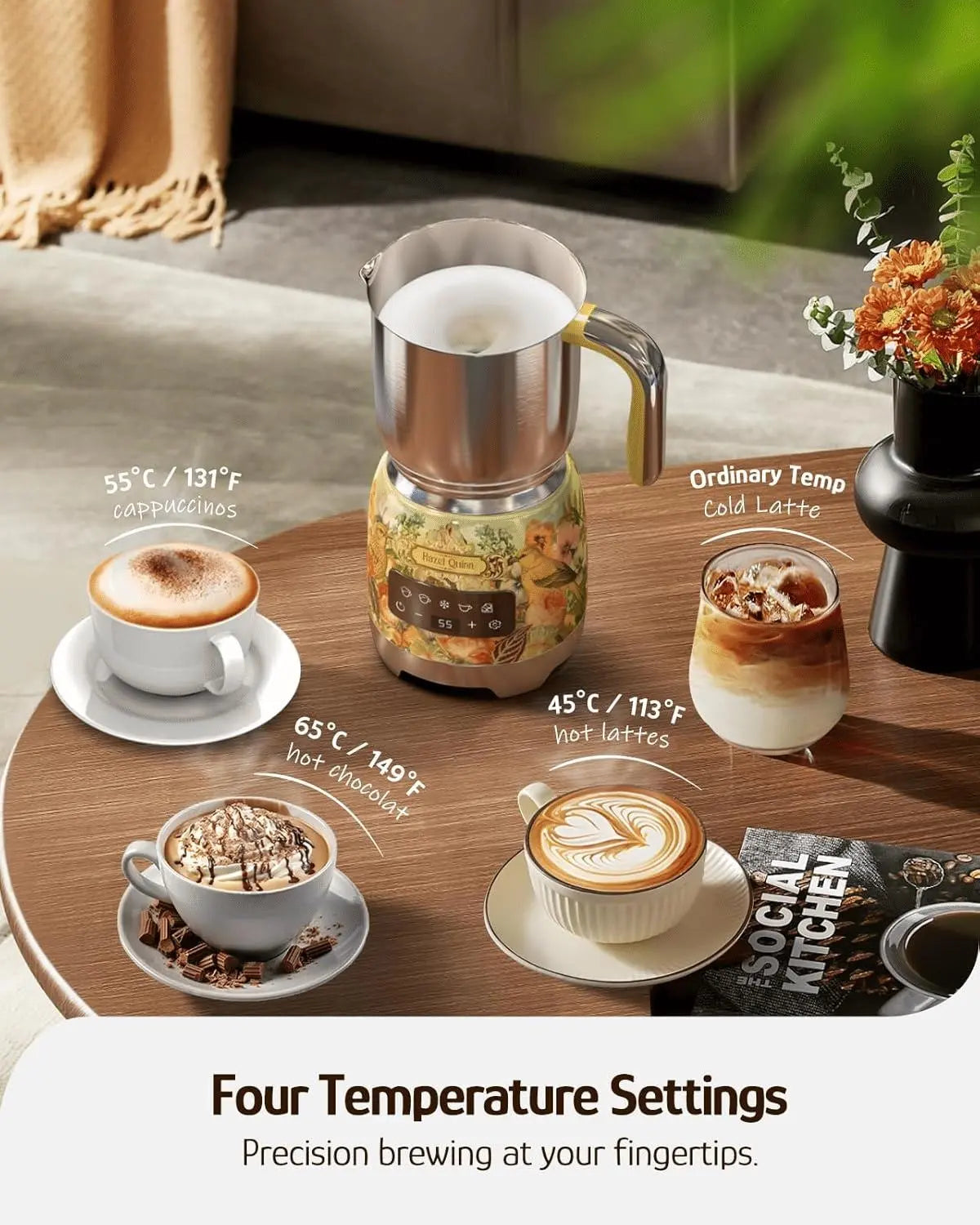 5 in 1 Flower print electric milk foam device, variable temperature and thickness foam device and steamer intelligent touch control milk heater without BPA is automatically closed Doba