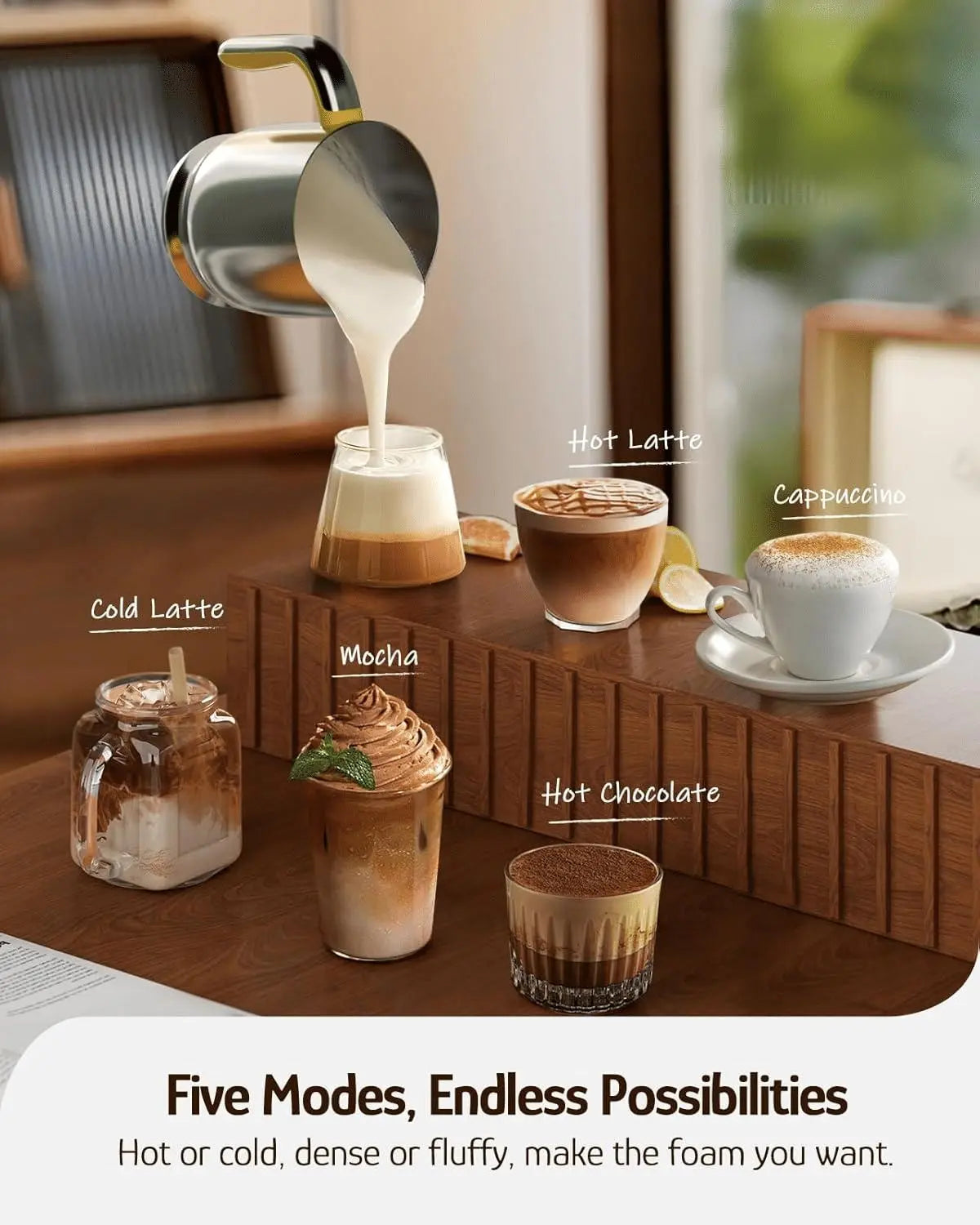 5 in 1 Flower print electric milk foam device, variable temperature and thickness foam device and steamer intelligent touch control milk heater without BPA is automatically closed Doba