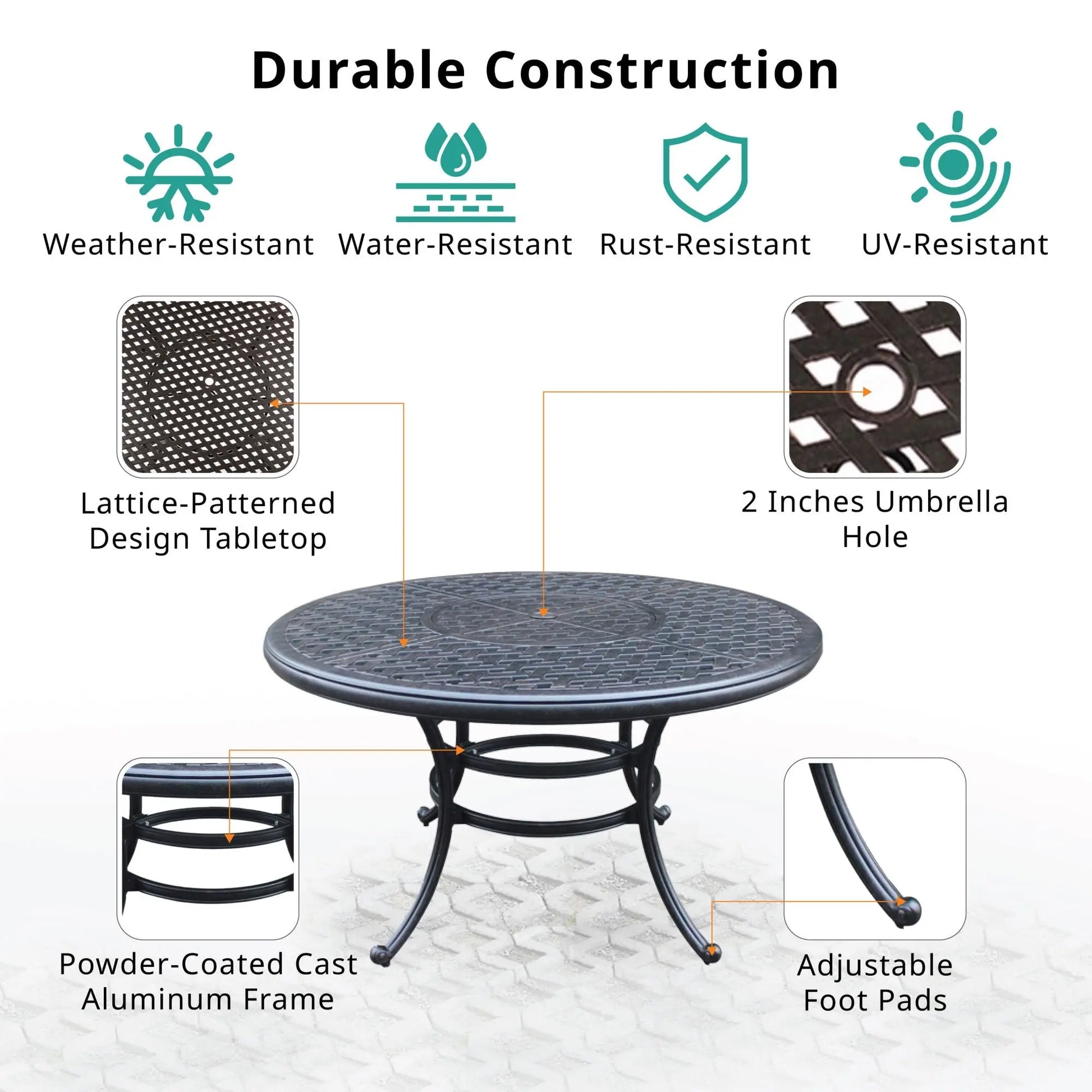 52 inch Cast Aluminum Round Dining Table, Dark Lava Bronze Doba