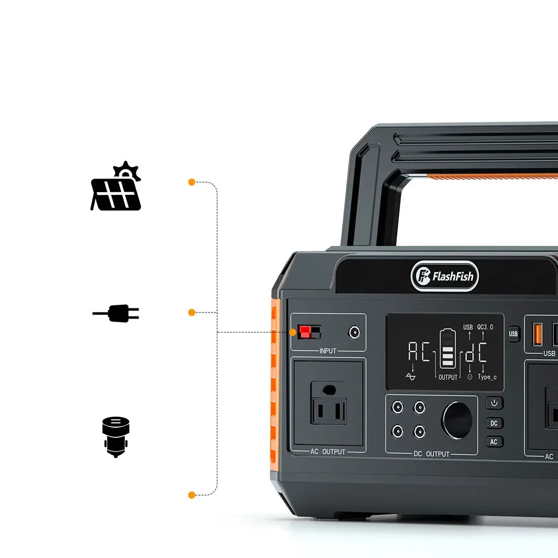 Solar Power Generator, 560W Flashfish Portable Power Station;  520Wh/140400mAh Solar Generator Backup Power with 2x110V/560W AC Outlets;  5xDC Output and 4xUSB Outputs;  Lithium Battery pack Lithium Battery Pack Doba