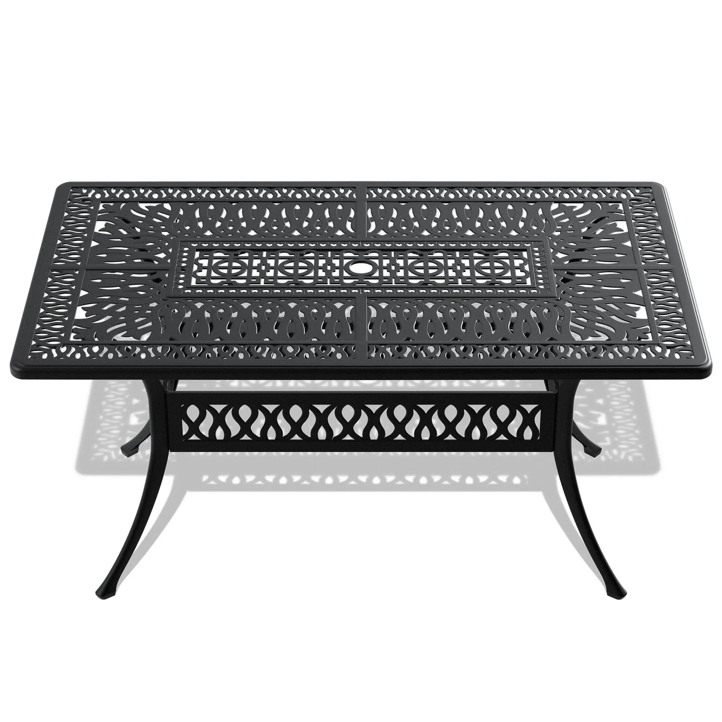 58.27 L x 34.65W-inch Cast Aluminum Patio Dining Table With Black Frame and Umbrella Hole Doba