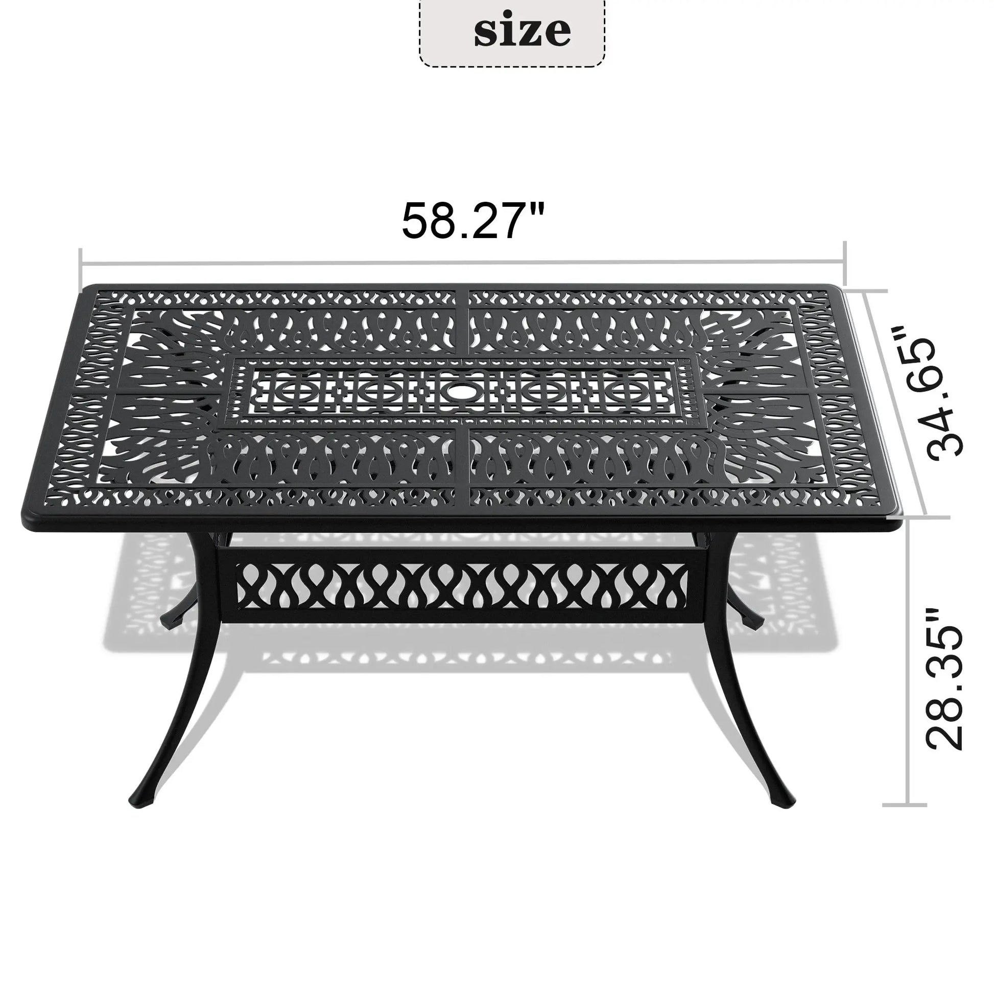 58.27 L x 34.65W-inch Cast Aluminum Patio Dining Table With Black Frame and Umbrella Hole Doba