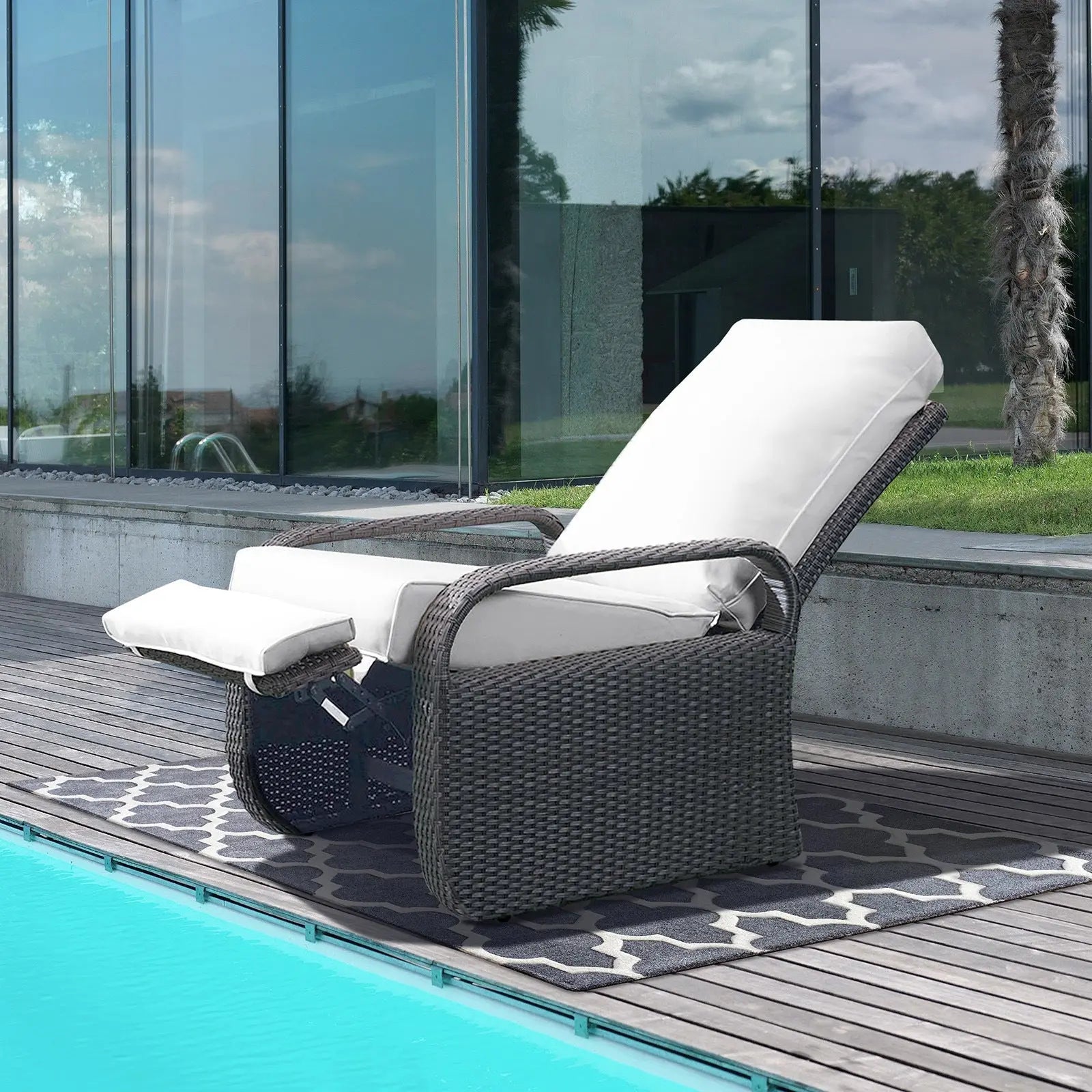 Adjustable Wicker Recliners with Aluminum Frame and Soft Cushions;  PE Rattan Recliner Lounge Chair for Indoor Outdoor Patio Garden Doba