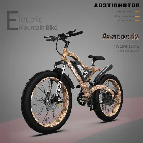 Adult, AOSTIRMOTOR 26" 1500W Electric Bike Fat Tire 48V 15AH Removable Lithium Battery for Adults S18-1500W, Camouflage Doba