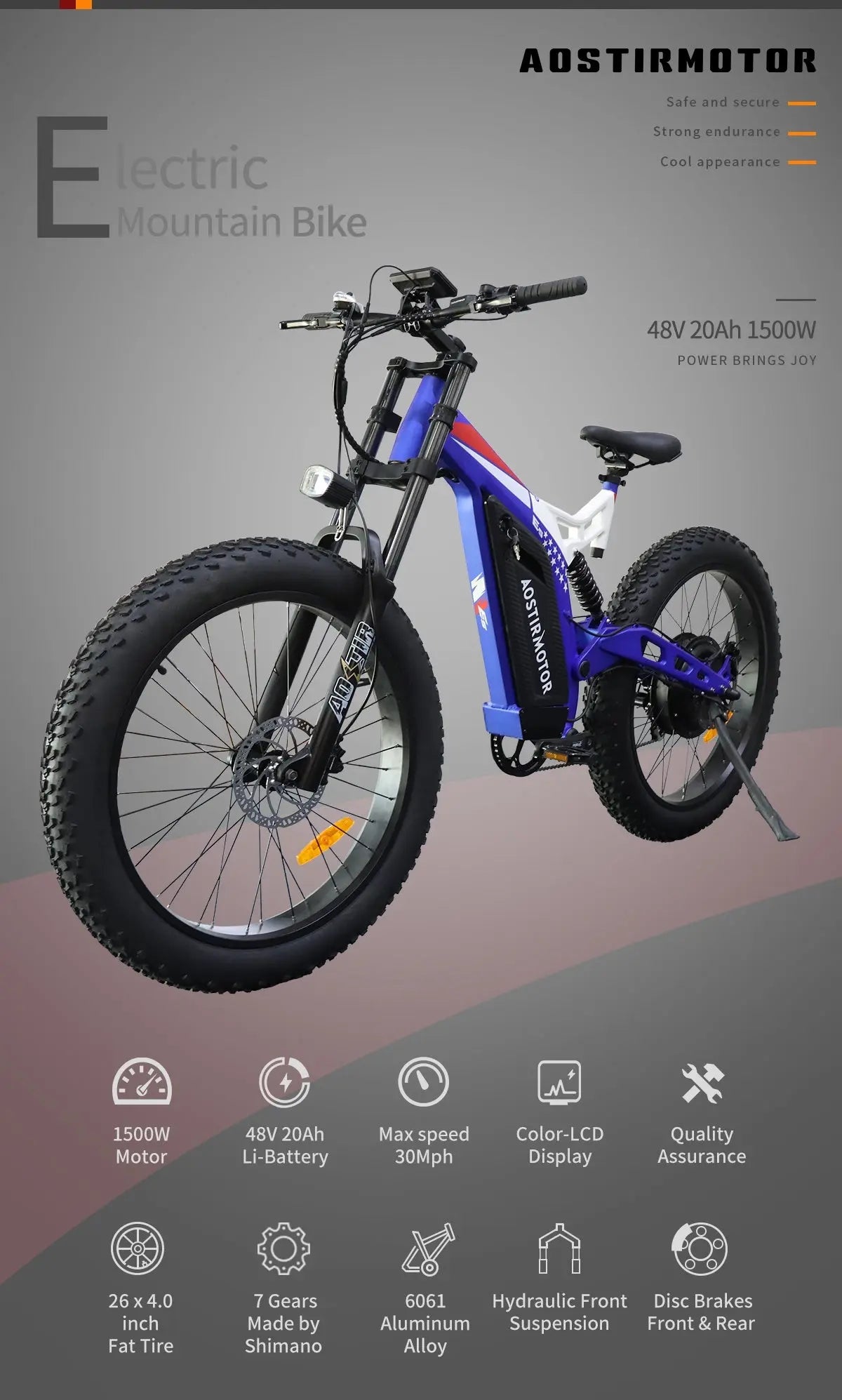 Adult, AOSTIRMOTOR 26" 1500W Electric Bike Fat Tire P7 48V 20AH Removable Lithium Battery for Adults S17-1500W Doba