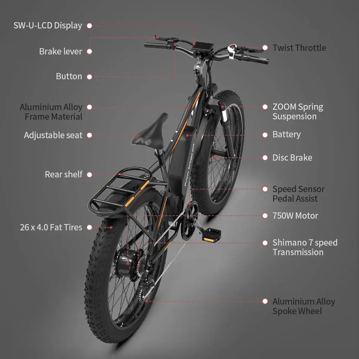 Adult, AOSTIRMOTOR 26" 750W Electric Bike Fat Tire P7 48V 13AH Removable Lithium Battery for Adults with Detachable Rear Rack Fender RT Doba