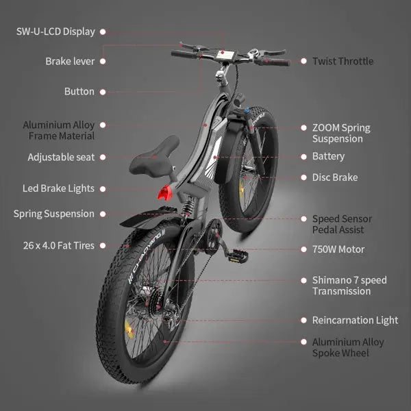 Adult, Aostirmoter, 26" 750W. Electric Bicycle  Electric Mountain Bike; All Terrain e-bike Ebike 48V 15AH ; S18 Dark Grey Doba