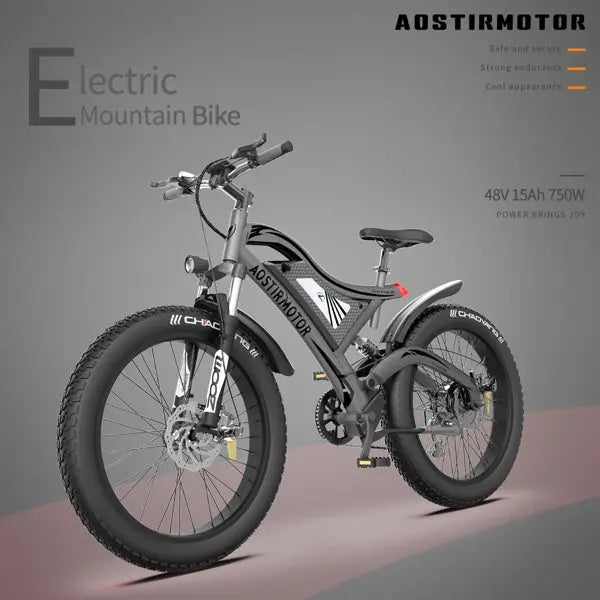 Adult, Aostirmoter, 26" 750W. Electric Bicycle  Electric Mountain Bike; All Terrain e-bike Ebike 48V 15AH ; S18 Dark Grey Doba