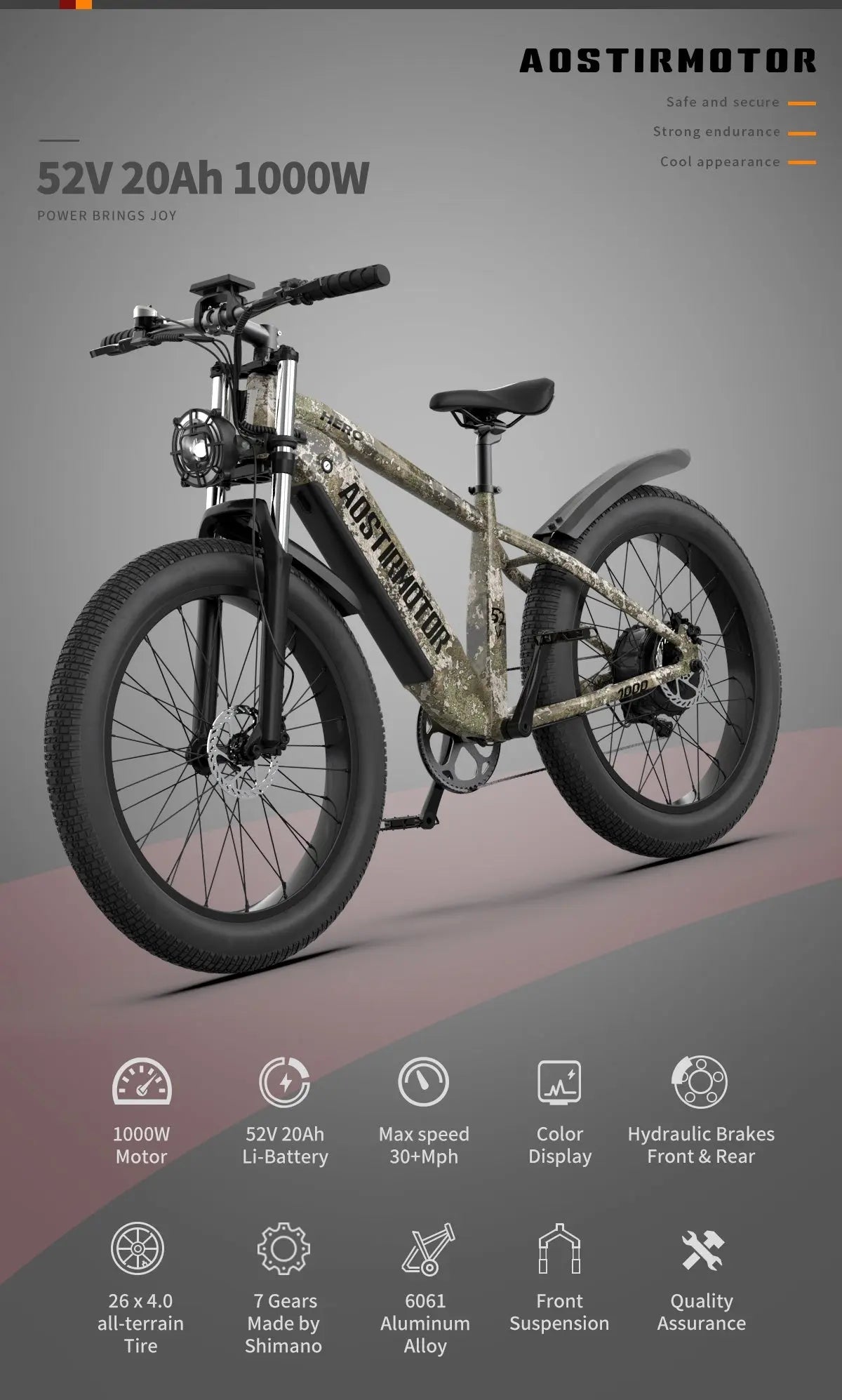 Adult, E-bike Aostirmotor, 26"1000W Electric Bike 52V 20Ah battery SAMSUNG All-terrain EBike Mountain Bicycle(Camouflage) Doba