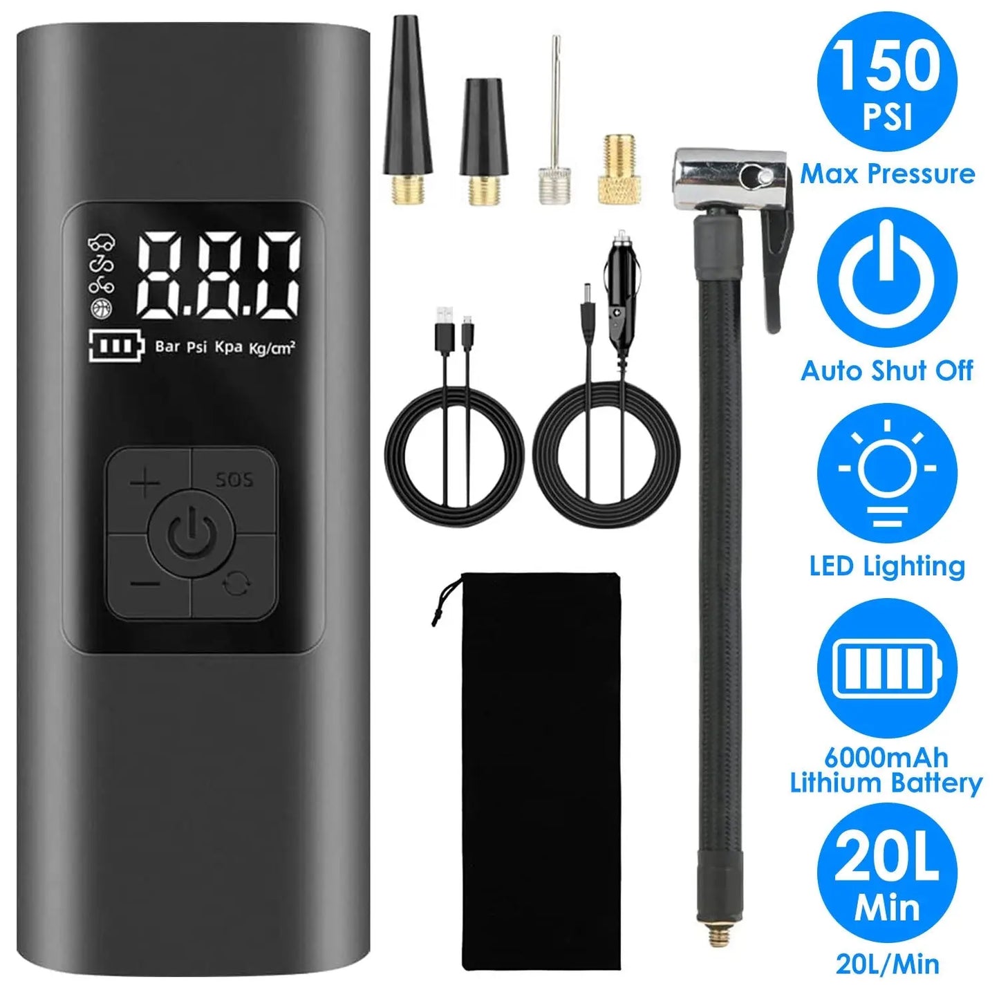 Air Compressor, 150PSI Cordless Car Tire Pump 6000mAh Rechargeable Tire Inflator Doba